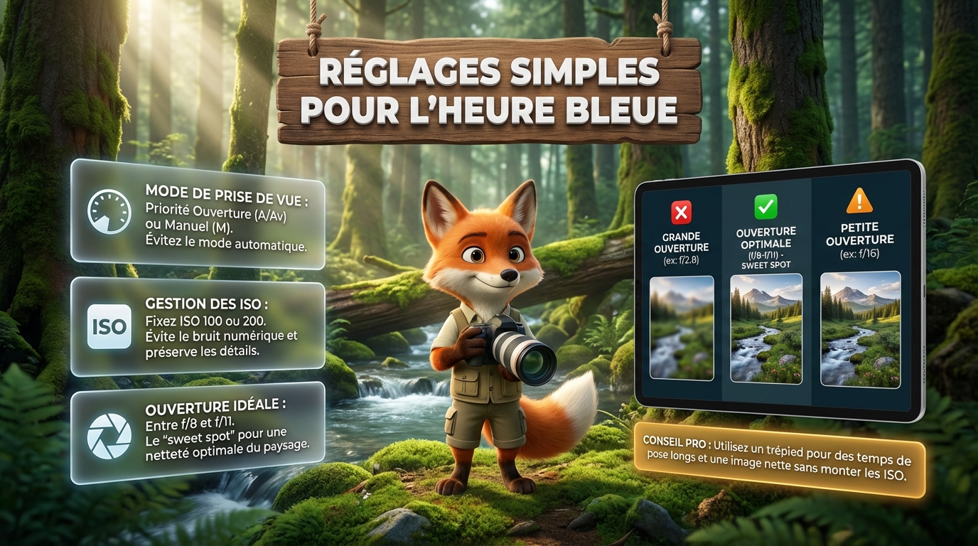 Résumé des réglages simples pour photographier l'heure bleue