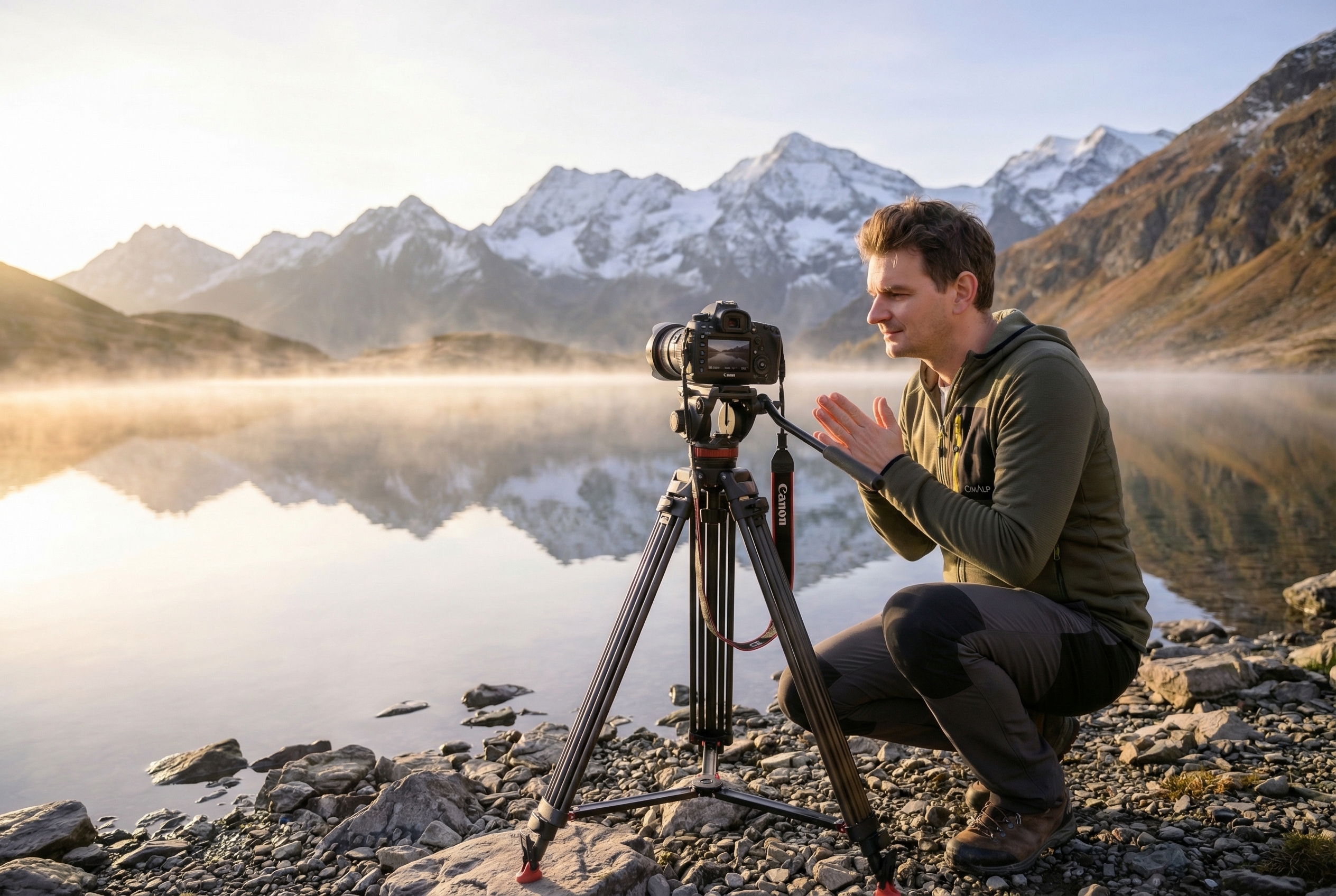 Photographe sur un trépied devant un lac de montagne avec des rochers au premier plan et des sommets enneigés