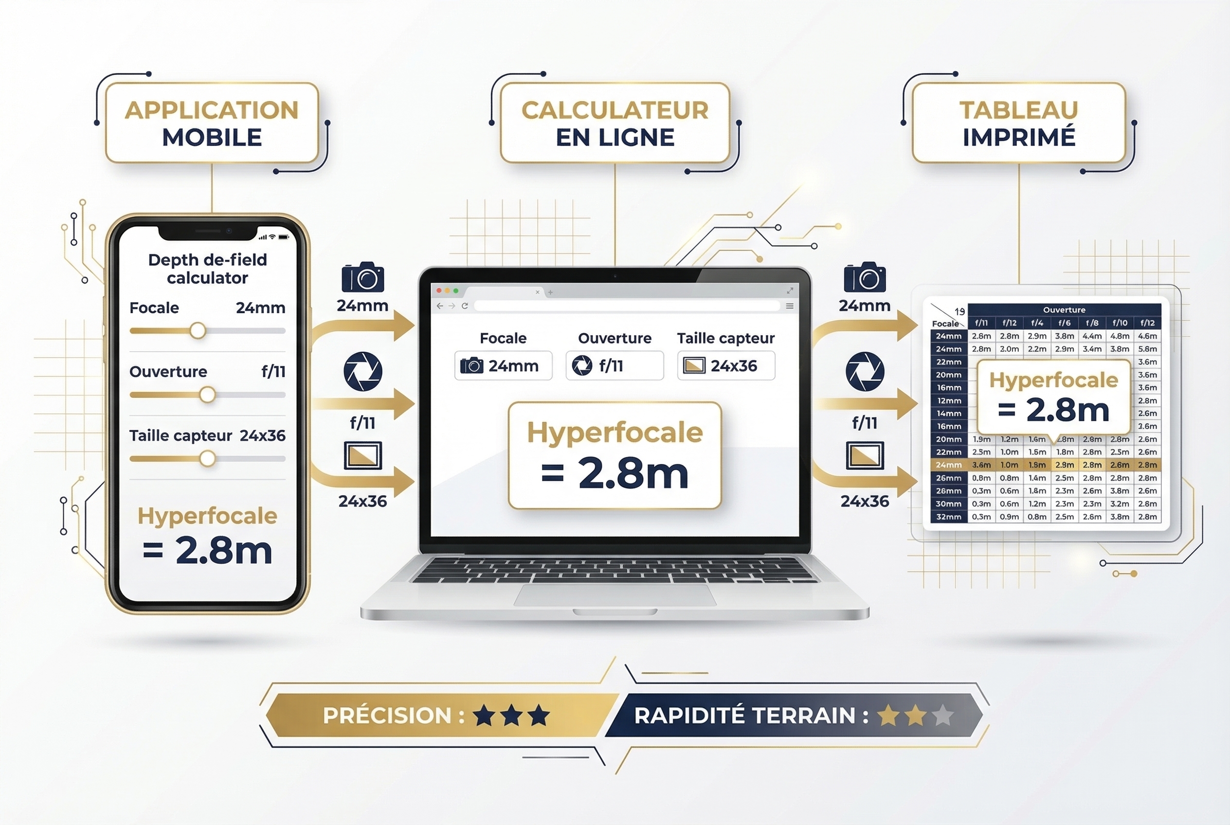 Illustration de trois outils : smartphone, ordinateur et tableau papier pour calculer la distance hyperfocale