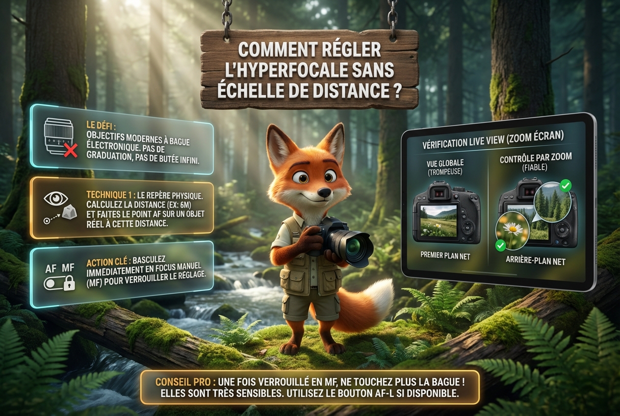 Un renard photographe explique comment régler l'hyperfocale sur un appareil numérique dans une forêt