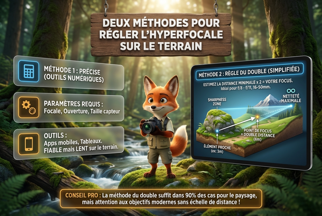 Infographie pédagogique sur l'hyperfocale présentant un renard photographe dans une forêt au bord d'un ruisseau