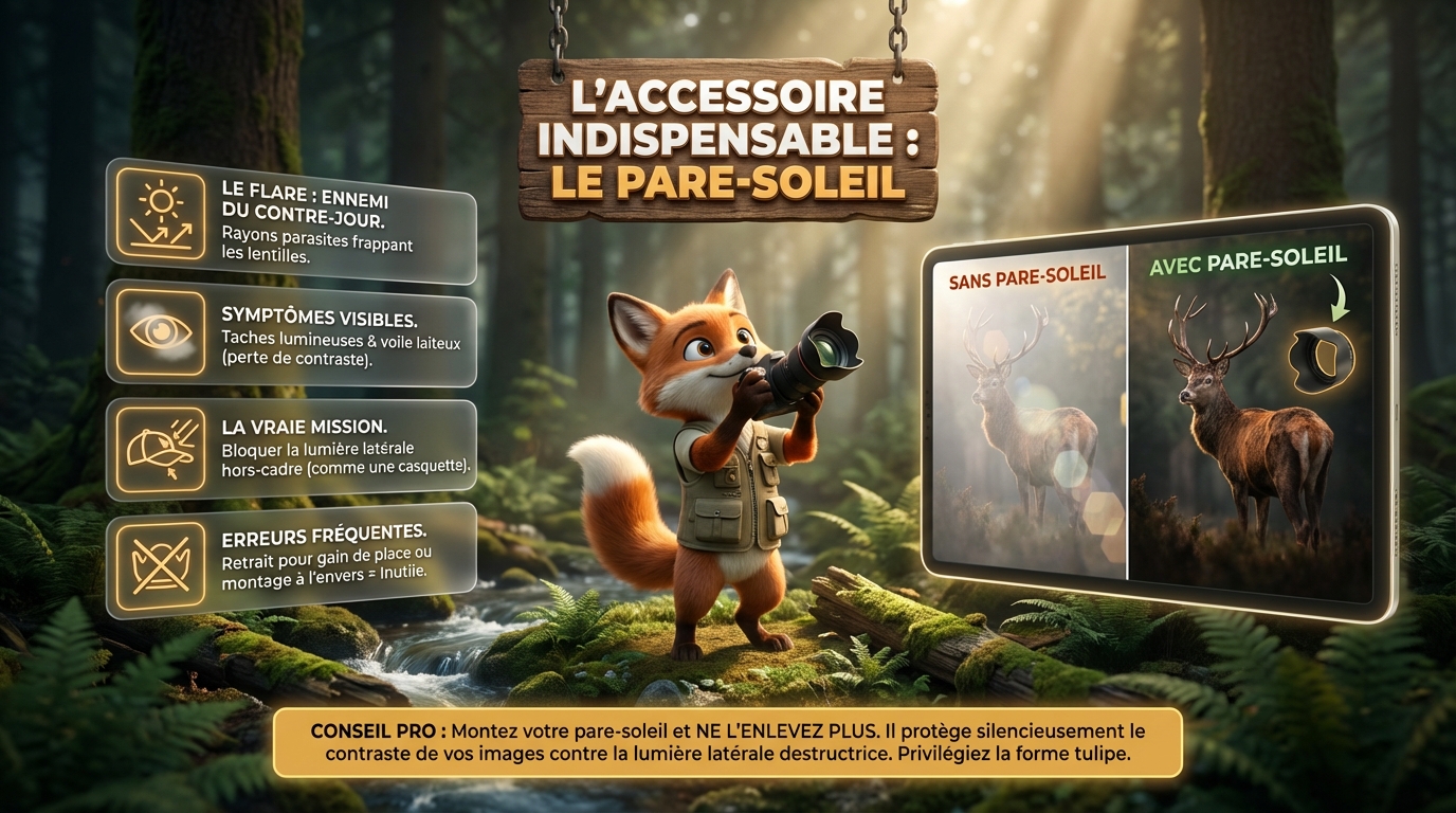 Infographie résumant le rôle indispensable du pare-soleil en photographie contre-jour
