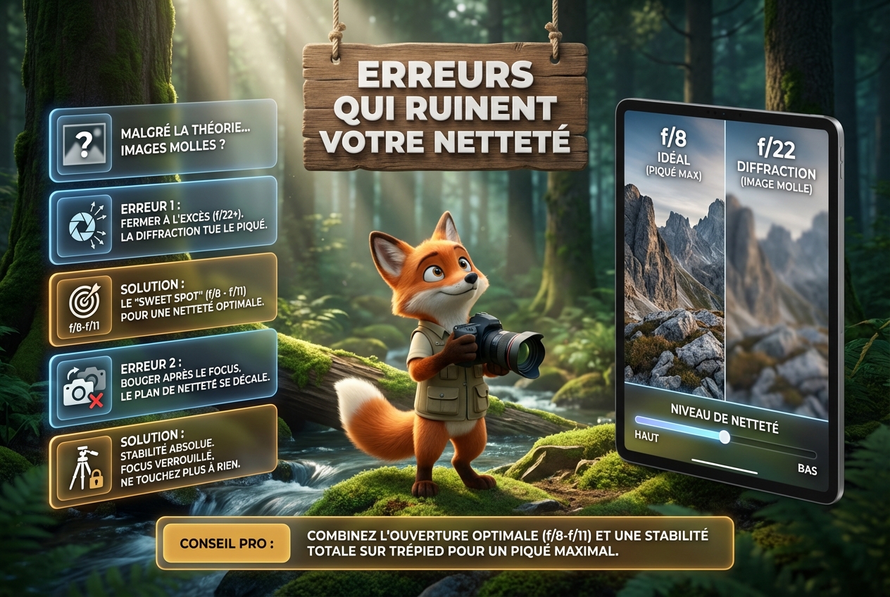 Renard photographe en forêt présentant une infographie sur la netteté, l'ouverture optimale et l'usage du trépied