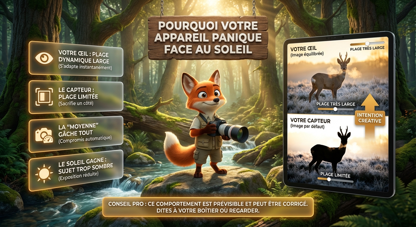 Résumé visuel expliquant pourquoi un appareil photo panique face au soleil en contre-jour