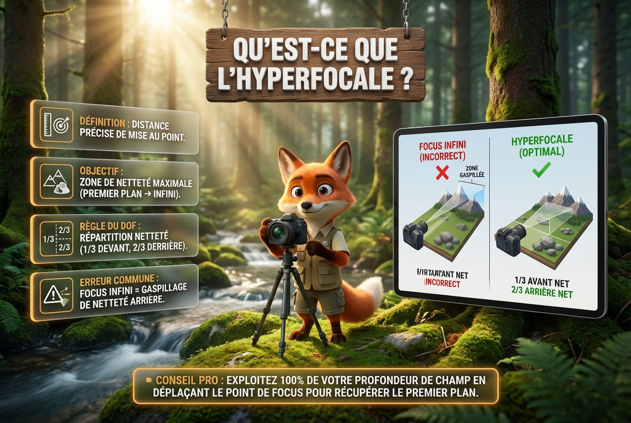 Infographie avec un renard photographe expliquant le réglage de l'hyperfocale dans une forêt ensoleillée.