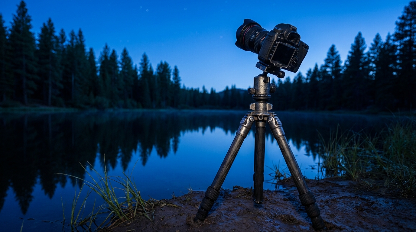 Trépied photo stable posé au bord d'un étang forestier pendant l'heure bleue