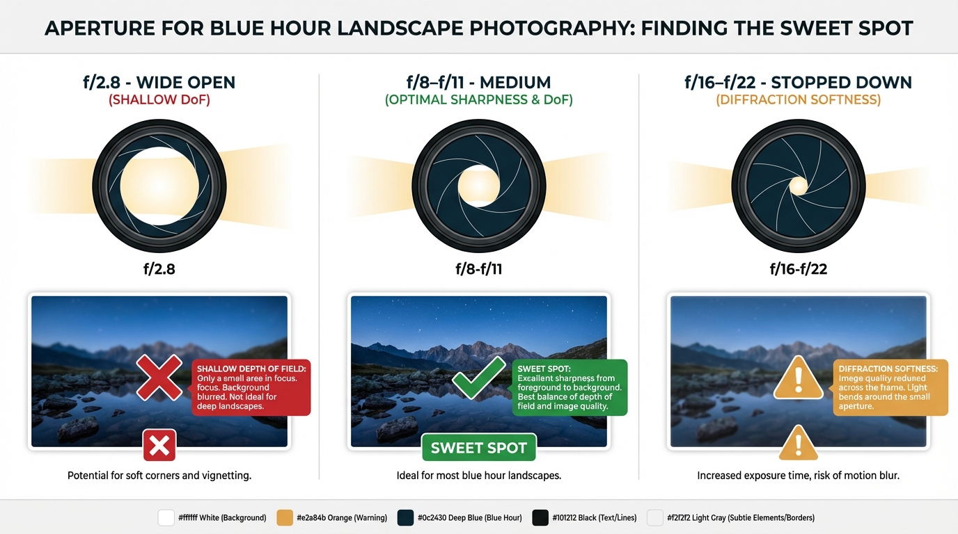 Ouverture idéale entre f/8 et f/11 pour la photo de paysage à l'heure bleue