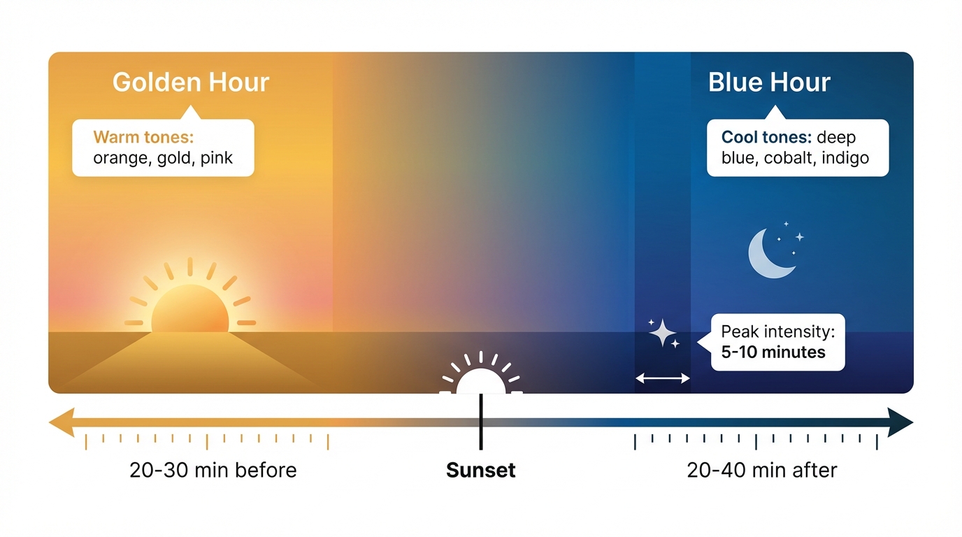 Ciel bleu profond pendant l'heure bleue avec transition de couleurs après le coucher du soleil