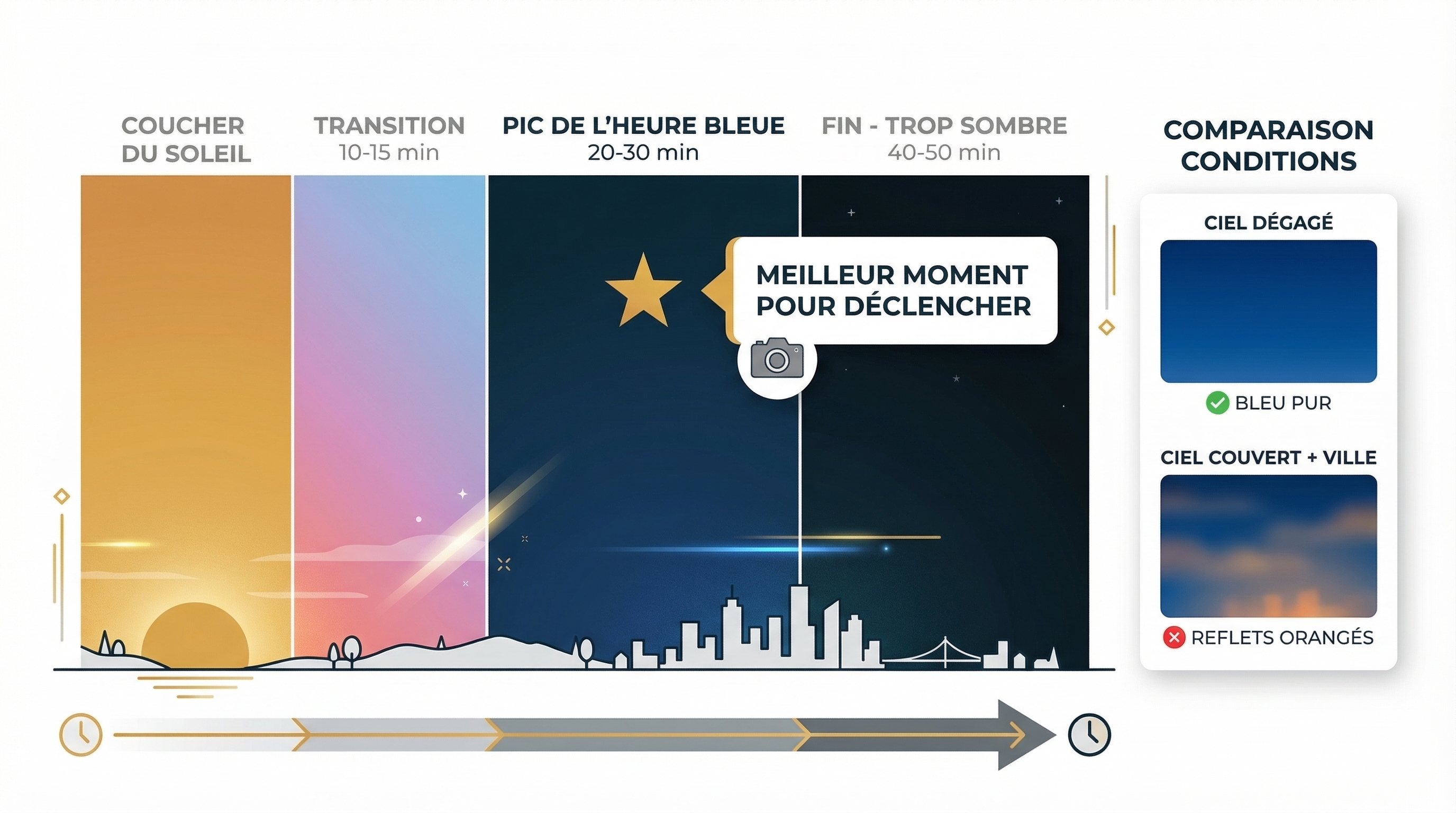 Infographie horaire de l'heure bleue après le coucher du soleil