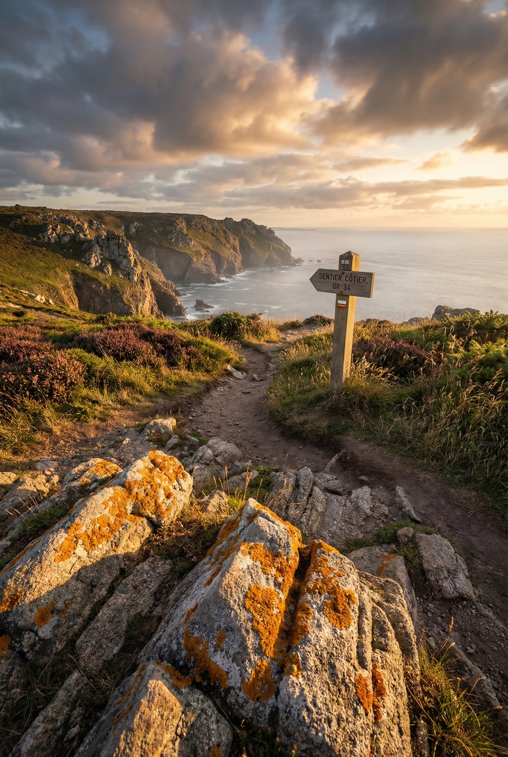 Sentier côtier breton avec des rochers au premier plan et des falaises à l'horizon, image nette sur tous les plans