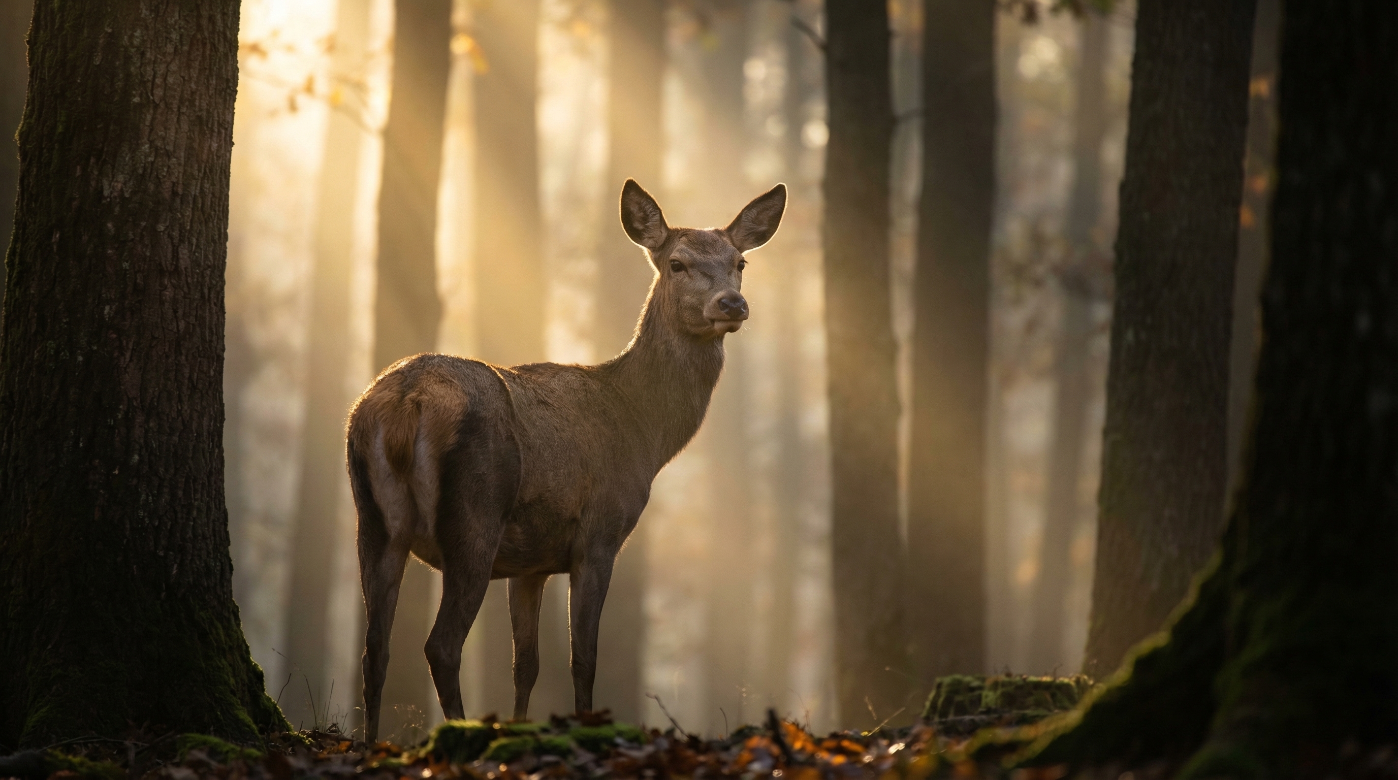 Biche photographiée à contre-jour dans la brume en forêt de Fontainebleau avec rayons de soleil entre les troncs