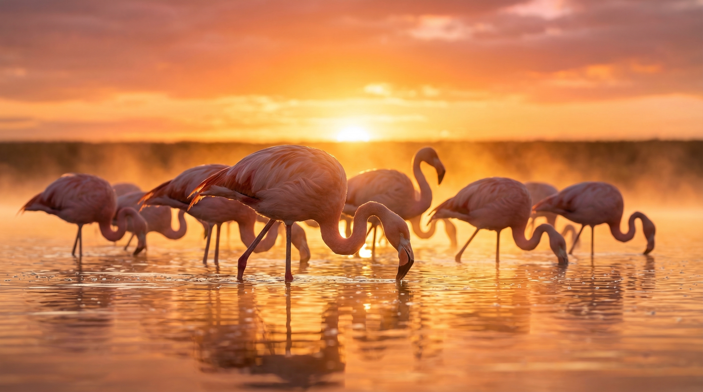 Photo contre-jour flamants roses en Camargue à l'heure dorée du matin
