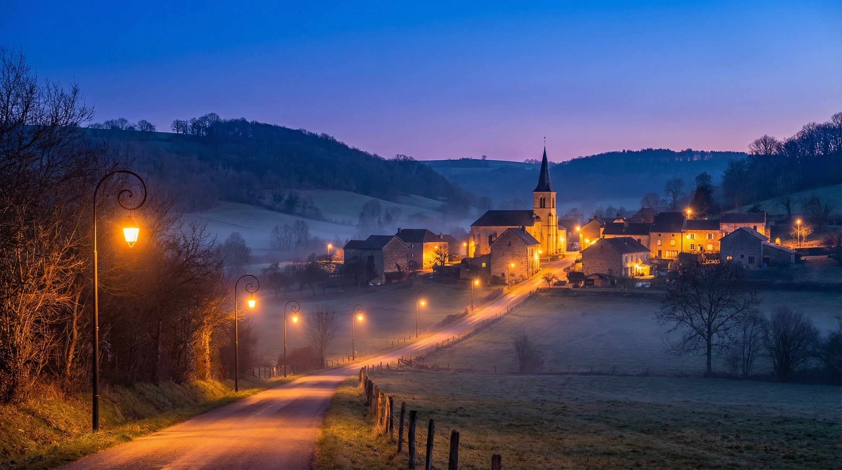 Village du Perche illuminé photographié à l'heure bleue avec contraste bleu et orange