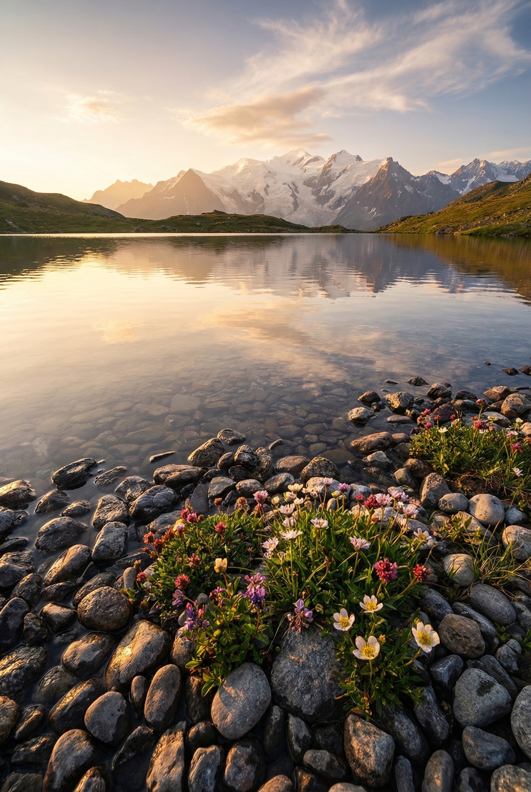 Paysage de montagne avec un lac alpin, net des galets au premier plan jusqu'aux sommets enneigés au loin.