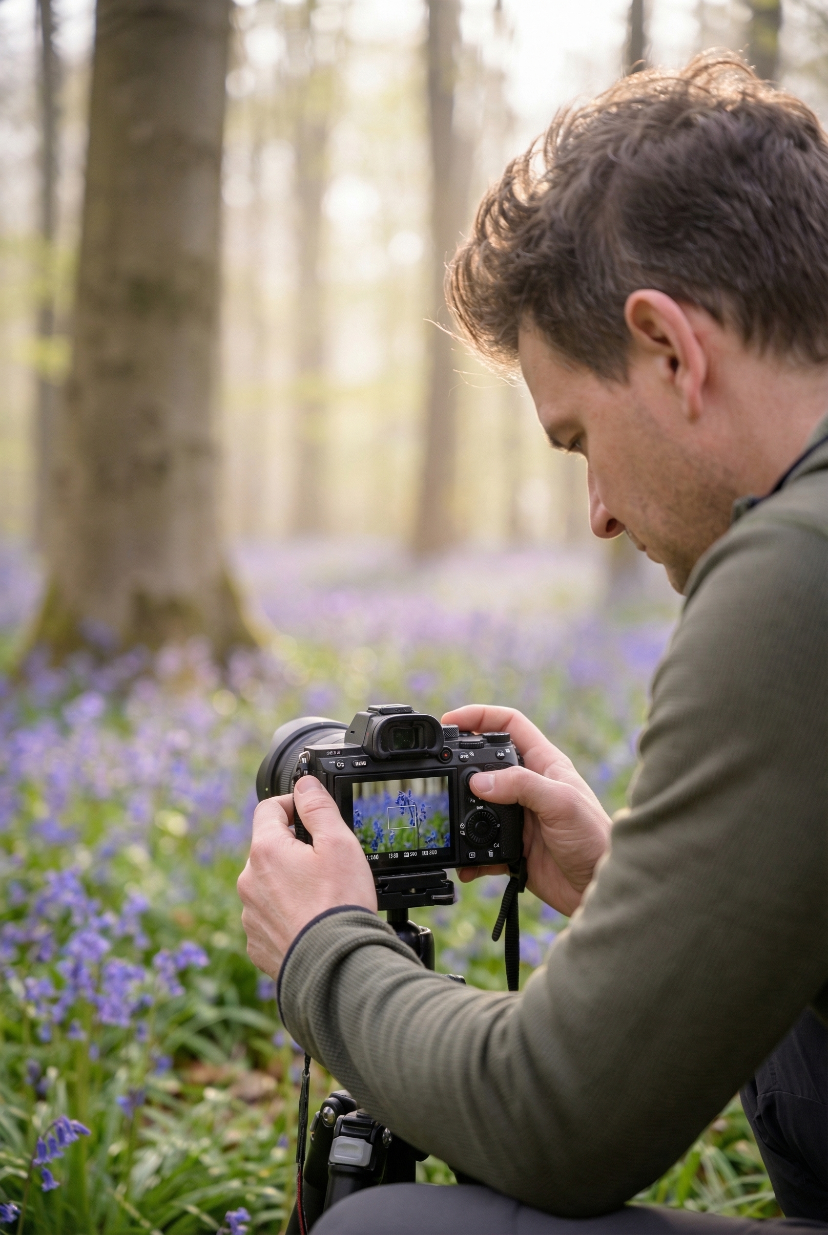 Photographe accroupi vérifiant la netteté sur l'écran LCD de son boîtier dans un sous-bois de jacinthes des bois