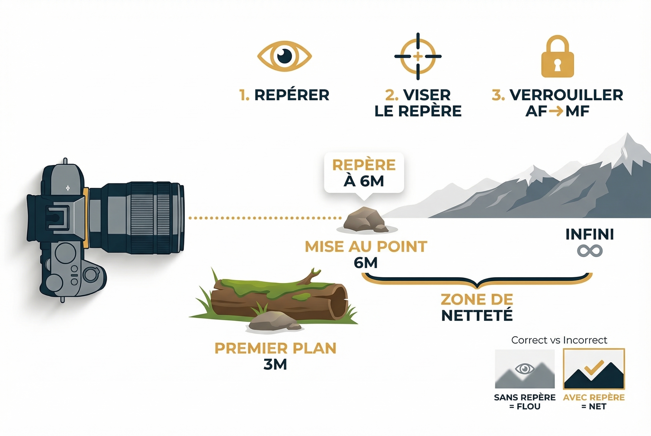 Schéma pédagogique illustrant la zone de netteté du premier plan à l'infini avec un repère visuel à six mètres