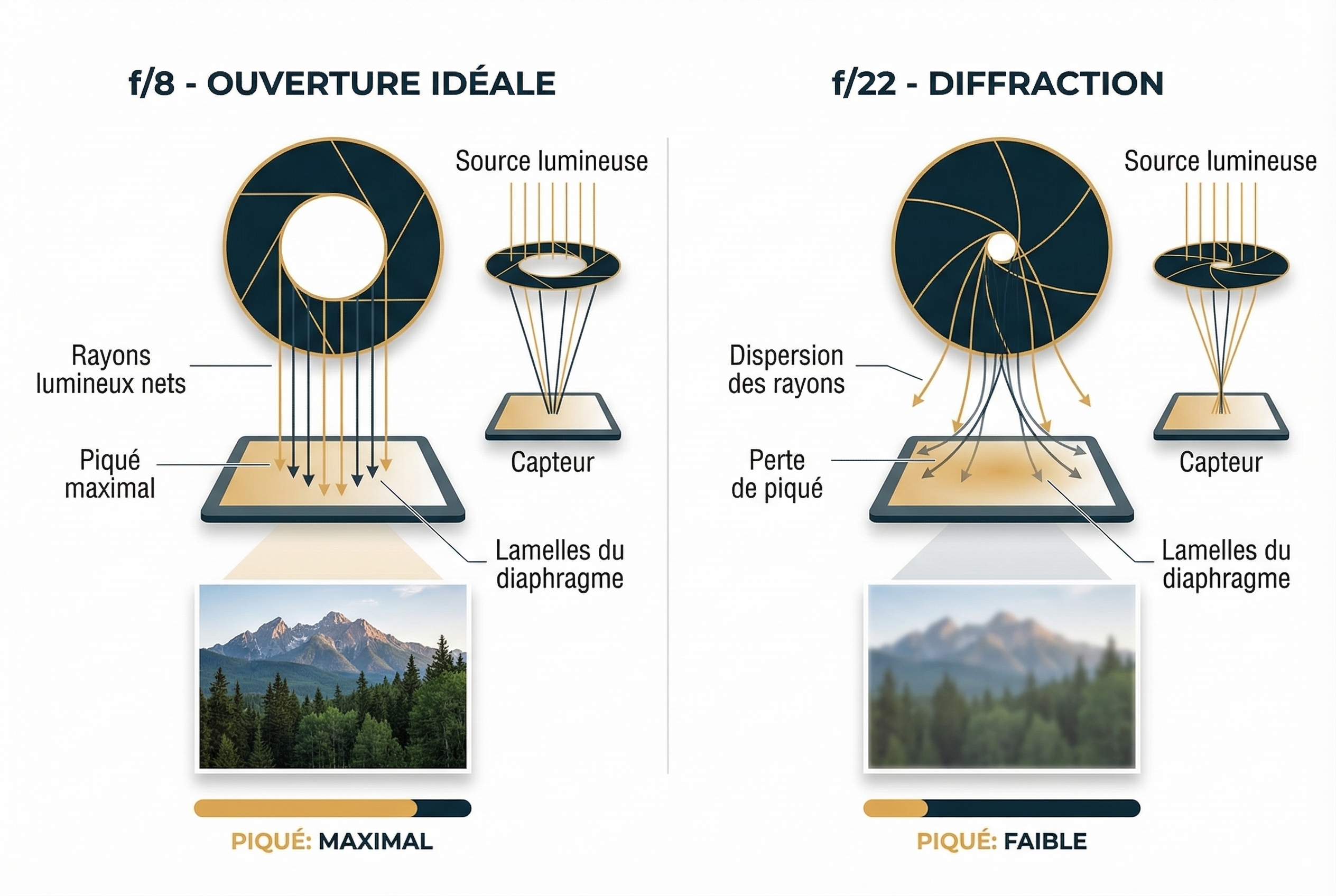Schéma comparatif de l'ouverture f/8 et de la diffraction à f/22 sur la netteté d'un paysage