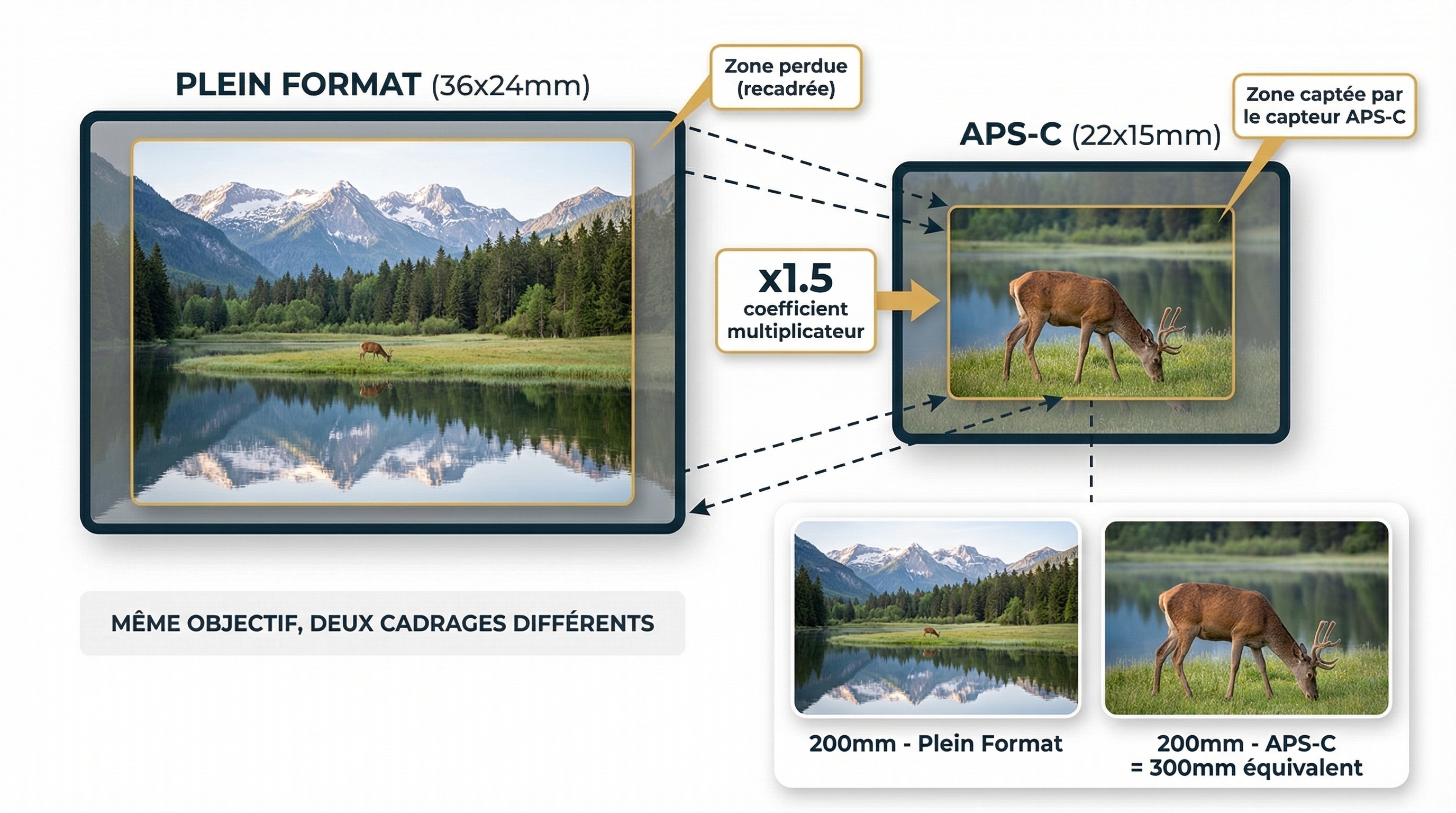 Schéma comparatif distance focale plein format et APS-C en photo animalière