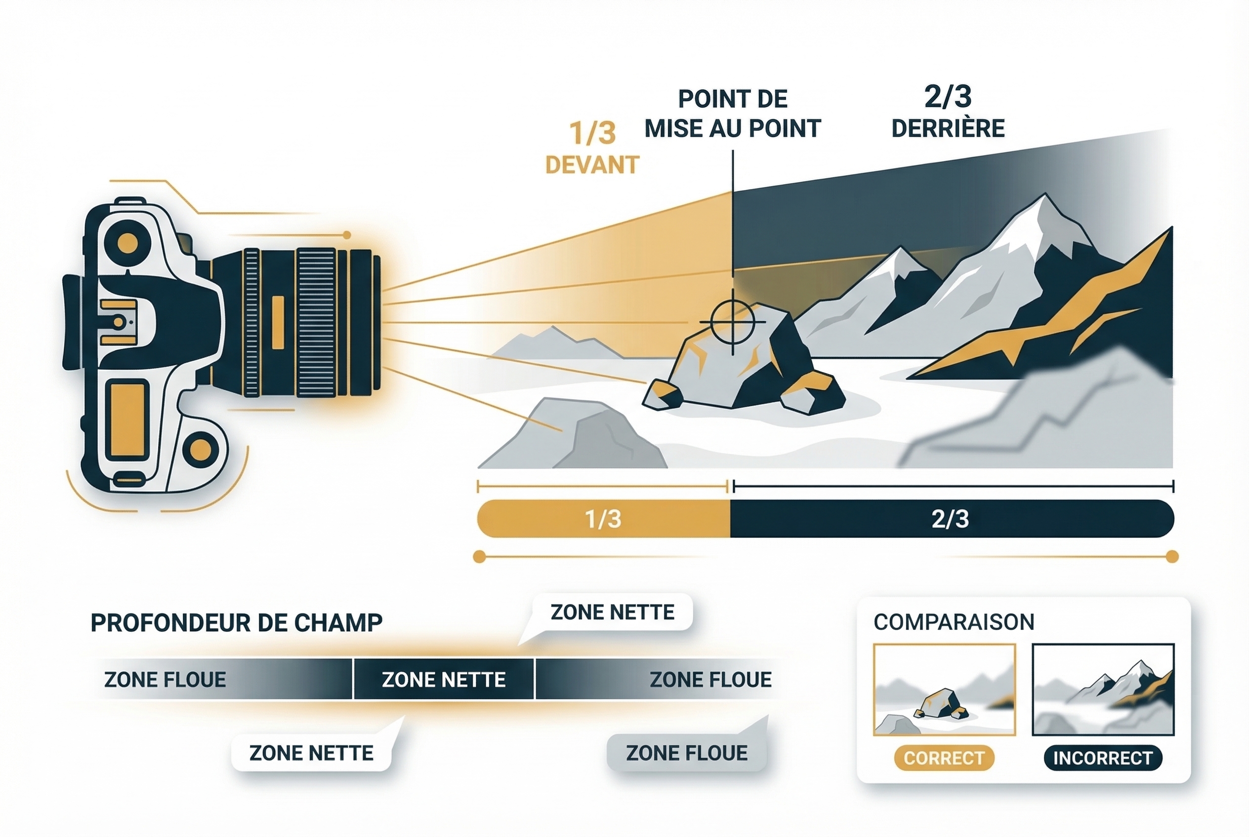 Schéma technique montrant la répartition de la profondeur de champ entre le premier plan et l'arrière-plan d'une image.