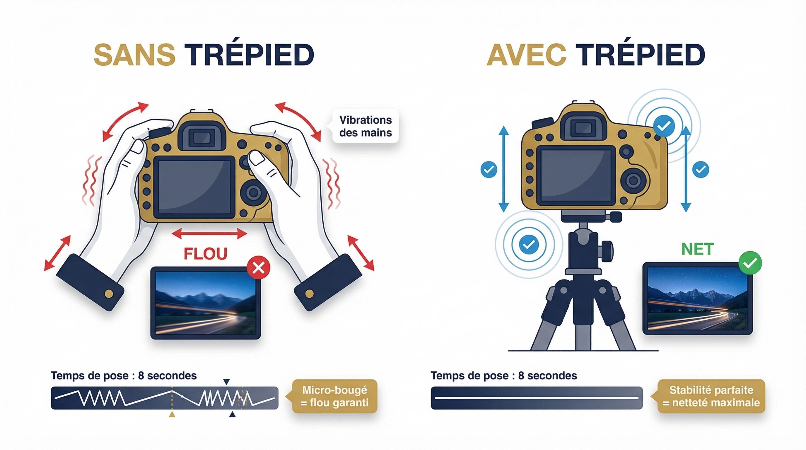 Trépied stable posé sur un terrain naturel pour photographier l'heure bleue