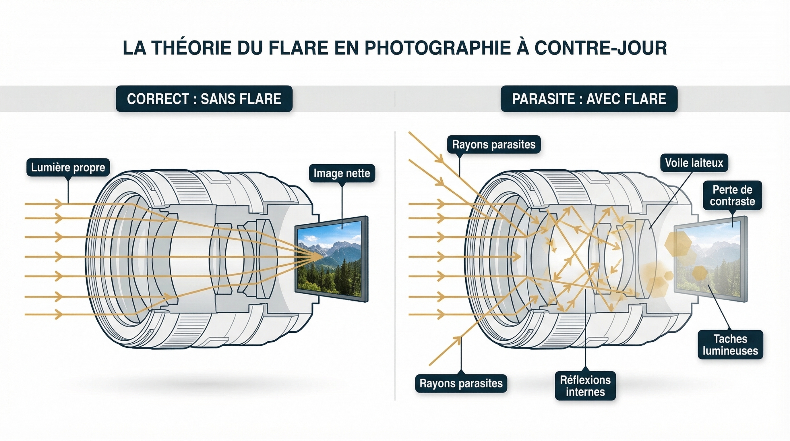 Schéma explicatif du flare en photographie contre-jour montrant les rayons parasites rebondissant entre les lentilles de l'objectif