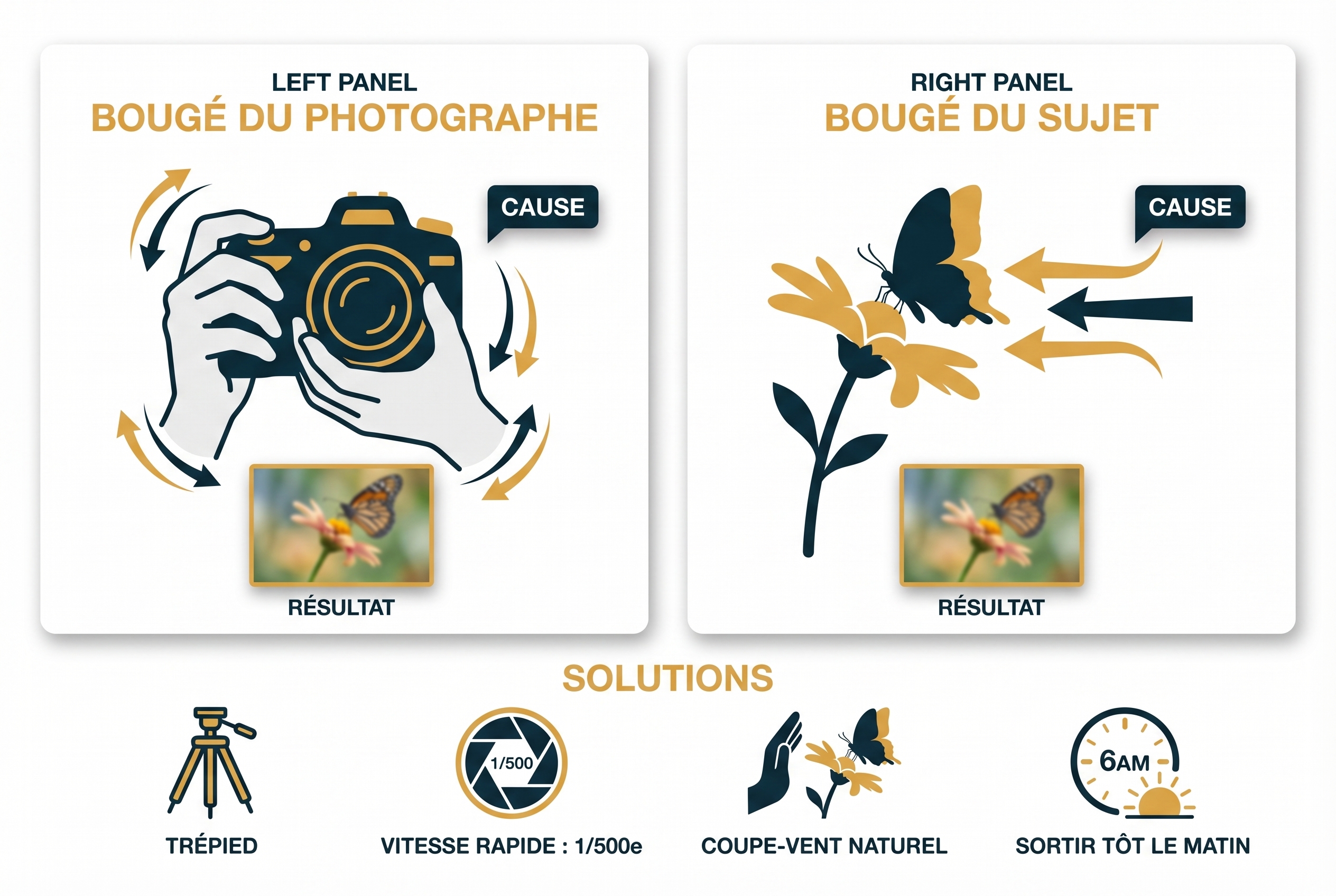 Illustration pédagogique sur la macrophotographie : définition et comparaison entre le bougé du photographe et le bougé du sujet avec solutions techniques.