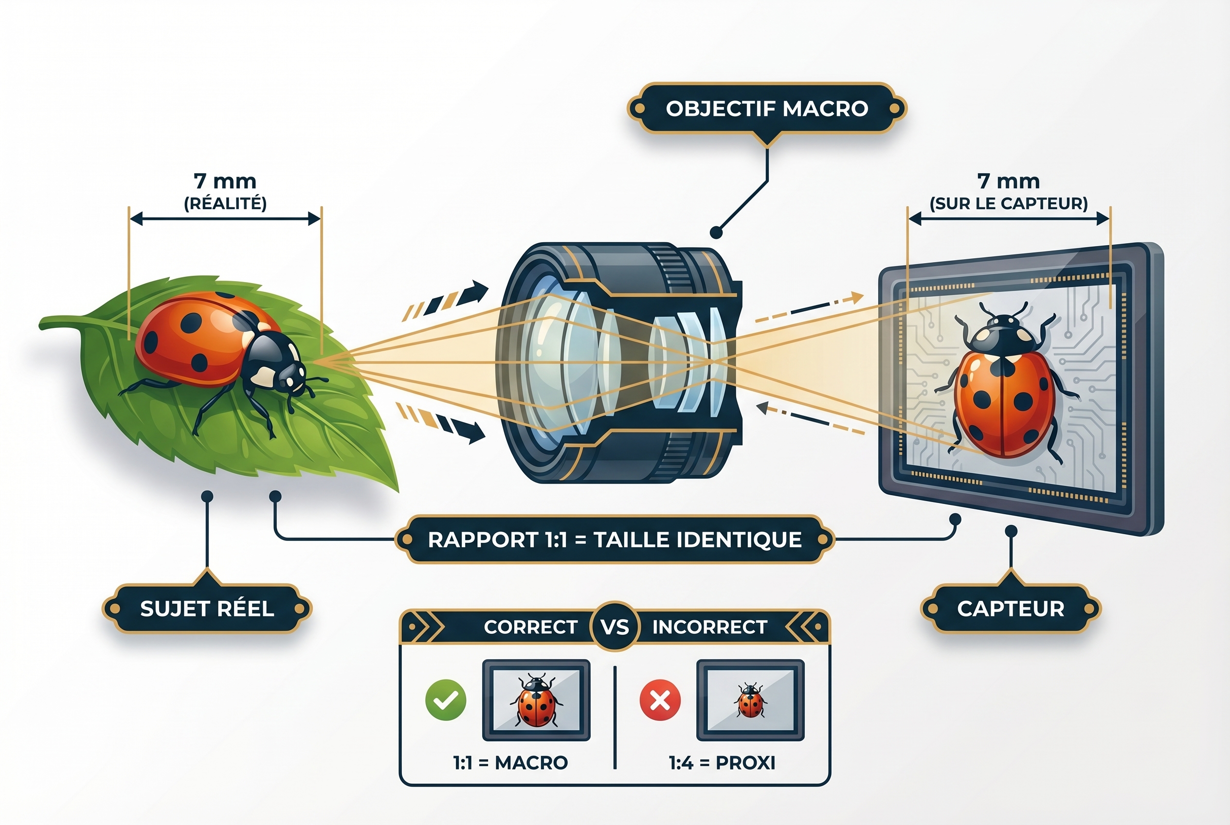 Illustration pédagogique expliquant la définition de la macrophotographie : comparaison du rapport 1:1 (taille réelle sur le capteur) vs proxiphotographie via l'exemple d'une coccinelle.