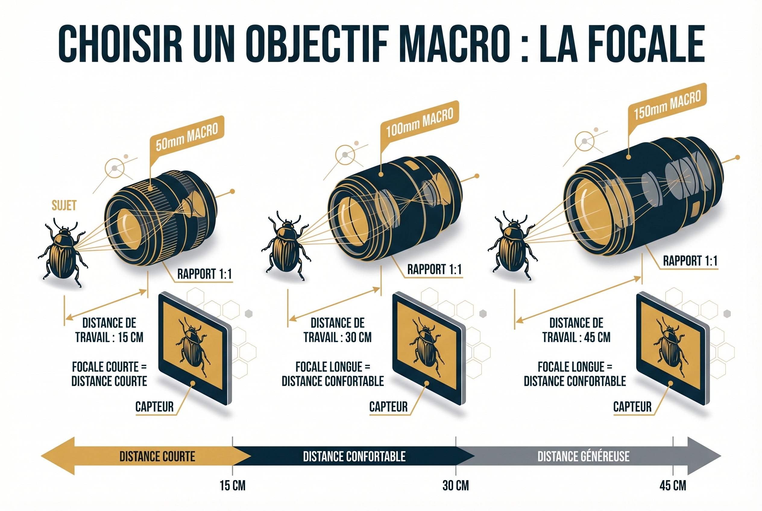 Illustration pédagogique expliquant la définition de la macrophotographie : comparaison de trois objectifs (50mm, 100mm, 150mm) montrant les distances de travail et le rapport 1:1.