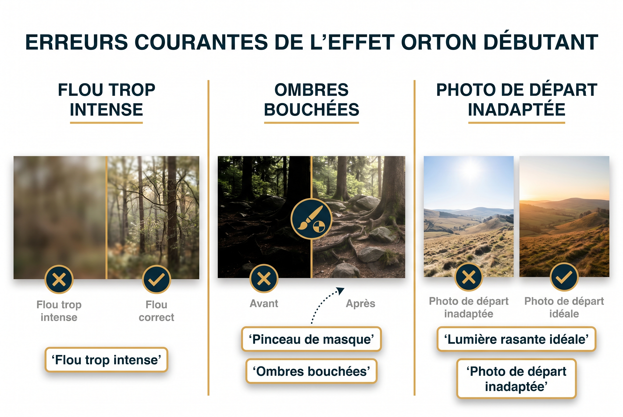 Réussir l'effet orton : le secret pour des photos de nature féeriques 21 Infographie pédagogique comparant les erreurs de l'effet Orton : flou excessif, ombres bouchées et mauvais choix de lumière de départ.