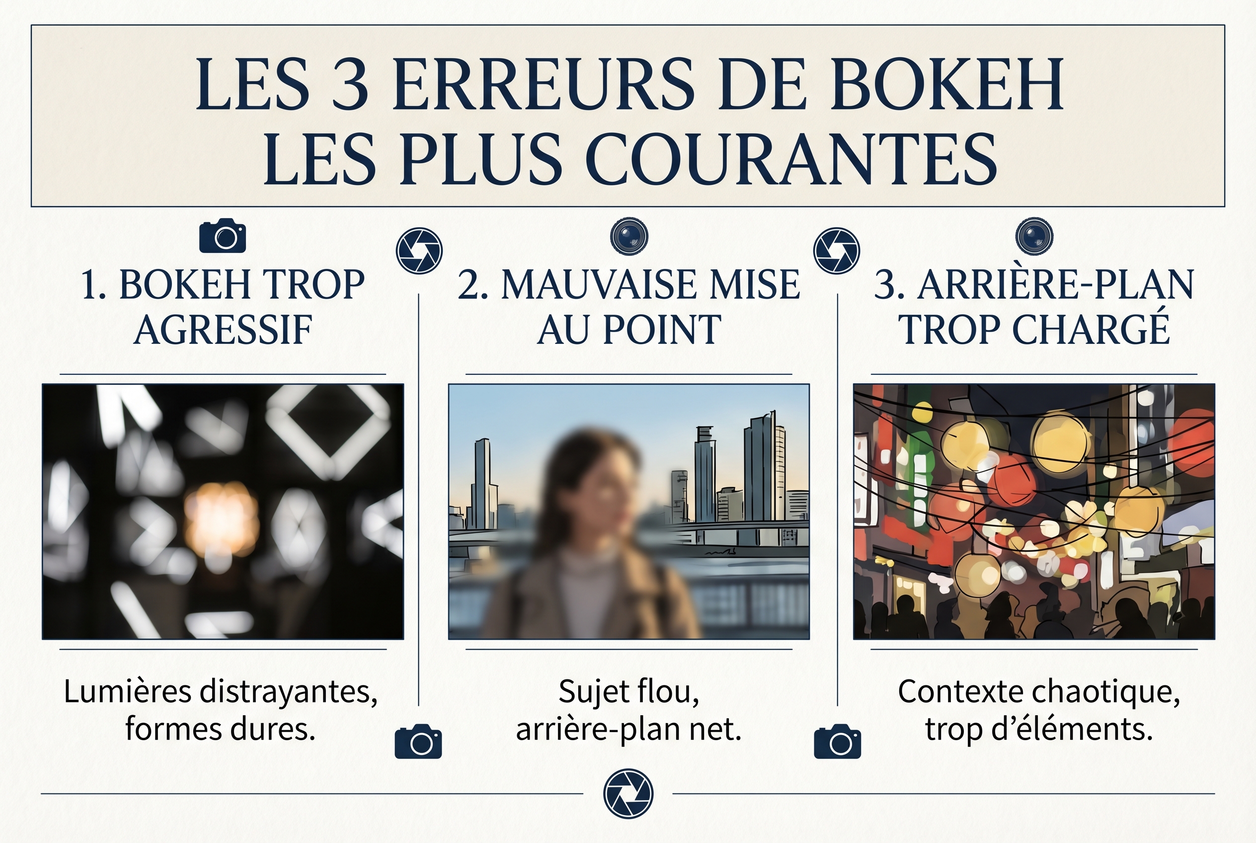 Le bokeh photo : le secret des flous artistiques 30 Illustration pédagogique montrant les 3 erreurs classiques pour obtenir un beau bokeh et un fond flou en photographie naturaliste.