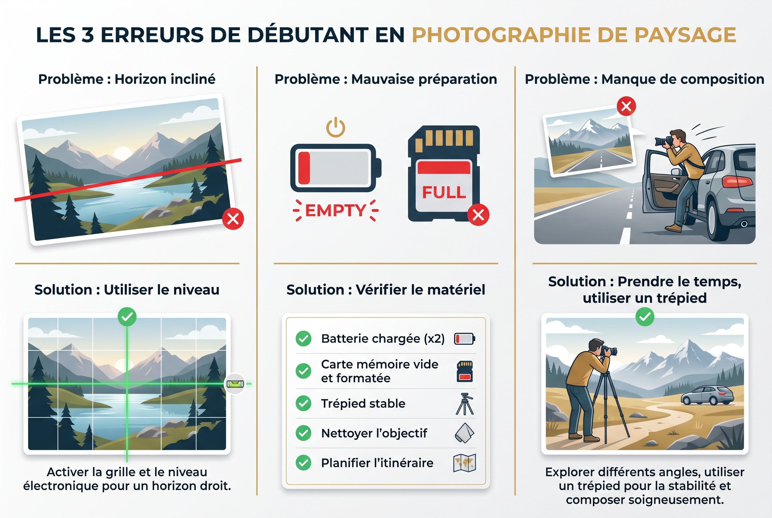 Comment photographier des paysages : le guide complet 27 Infographie pédagogique présentant les erreurs classiques du débutant pour photographier des paysages : horizon penché, manque de préparation matérielle et précipitation sur le terrain.