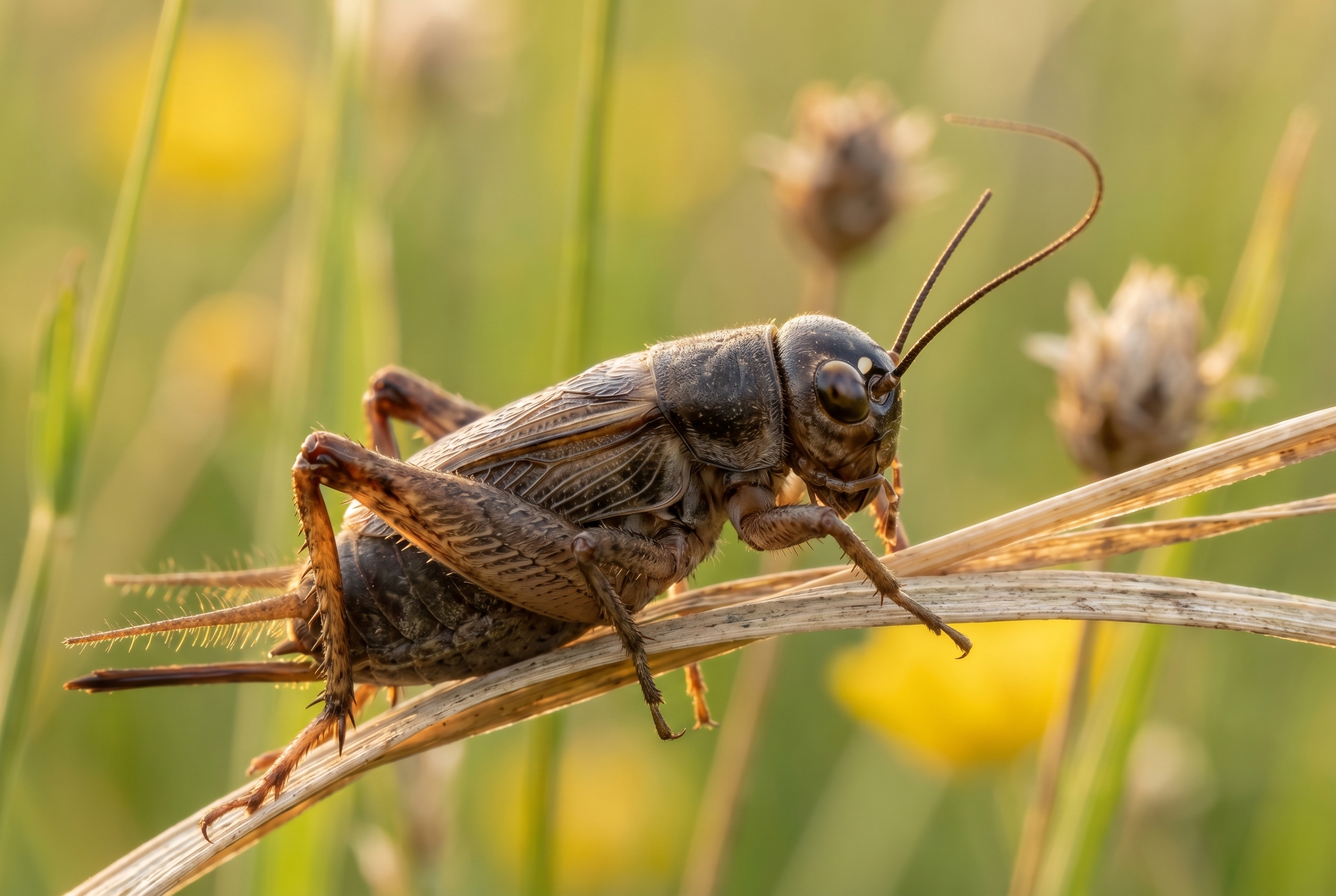 Gros plan extrême d'un grillon champêtre illustrant la définition de la macrophotographie au rapport 1:1.