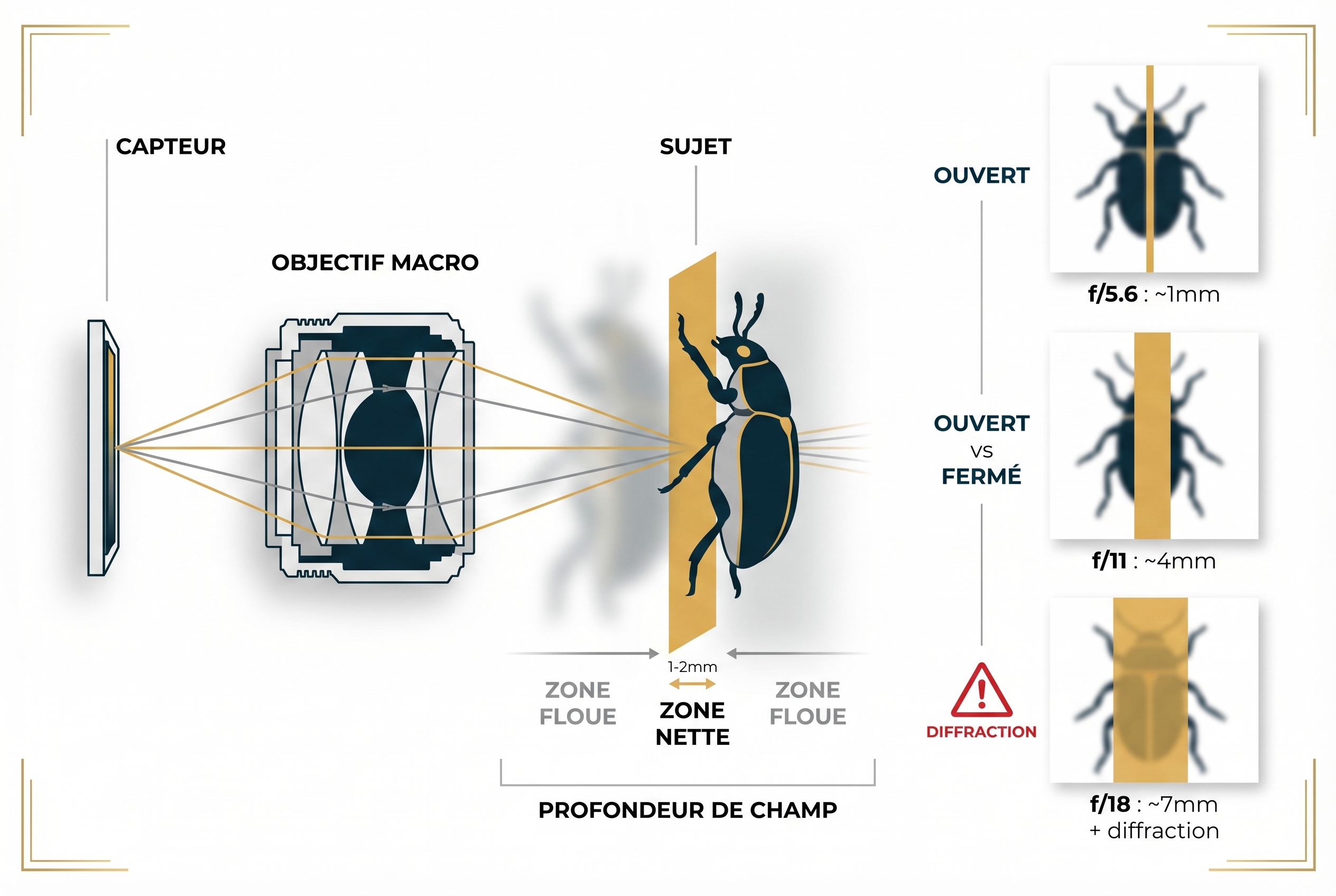 Schéma pédagogique expliquant la définition de la macrophotographie et la gestion de la profondeur de champ avec un objectif macro et un scarabée.