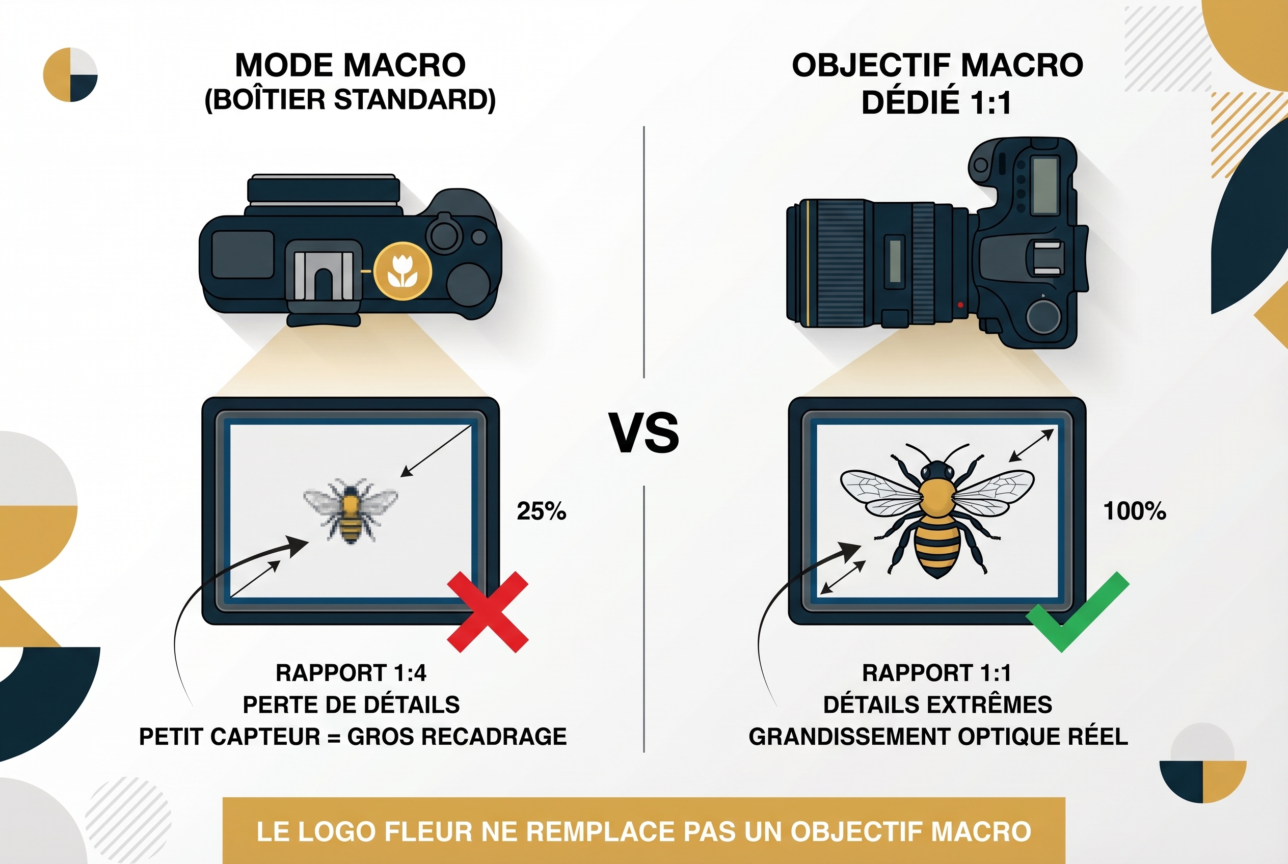 Infographie pédagogique expliquant la définition de la macrophotographie : comparaison entre le mode macro (rapport 1:4) et un objectif macro dédié (rapport 1:1).