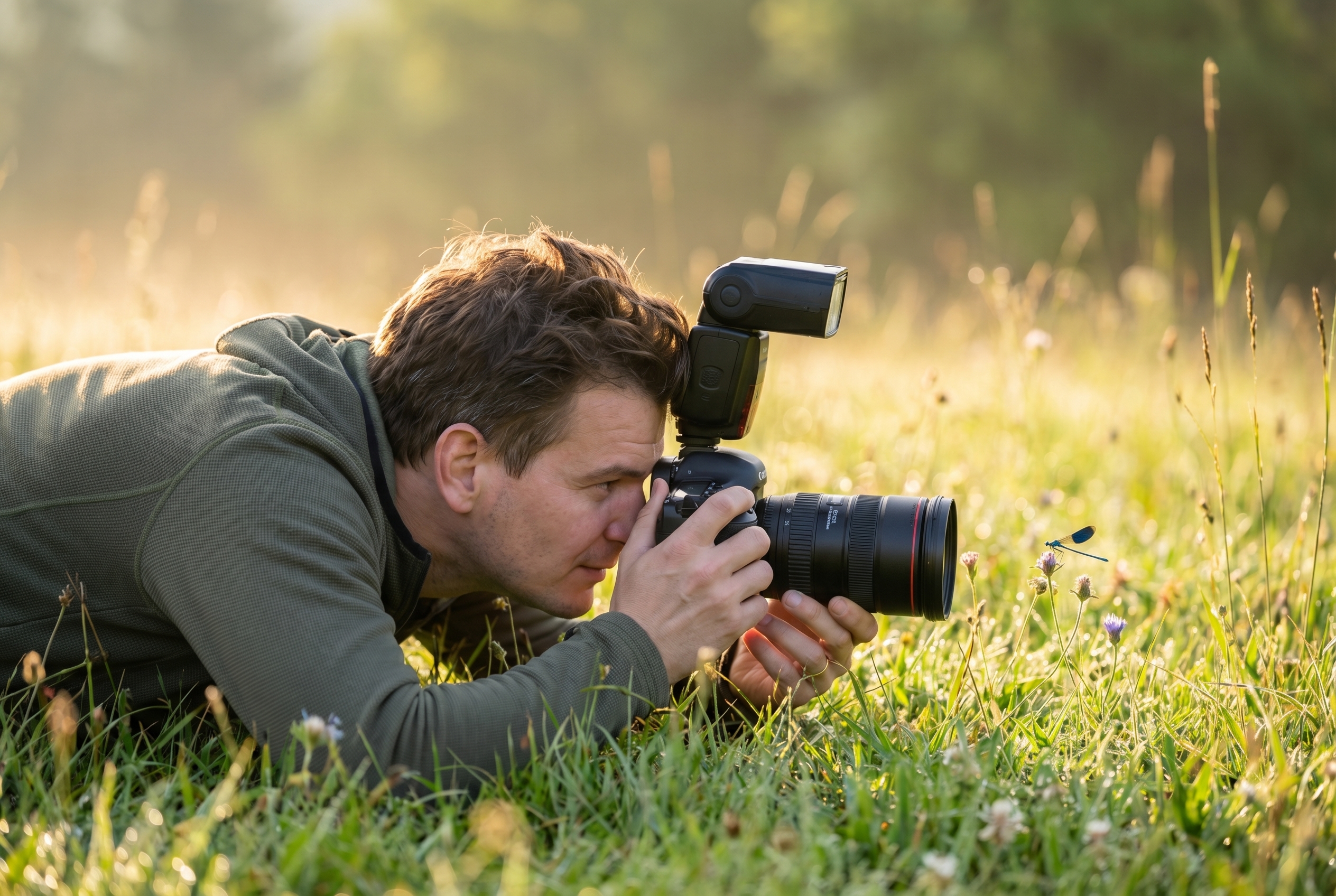 Photographe naturaliste allongé dans la rosée utilisant un objectif macro pour illustrer la définition de la macrophotographie avec une demoiselle.