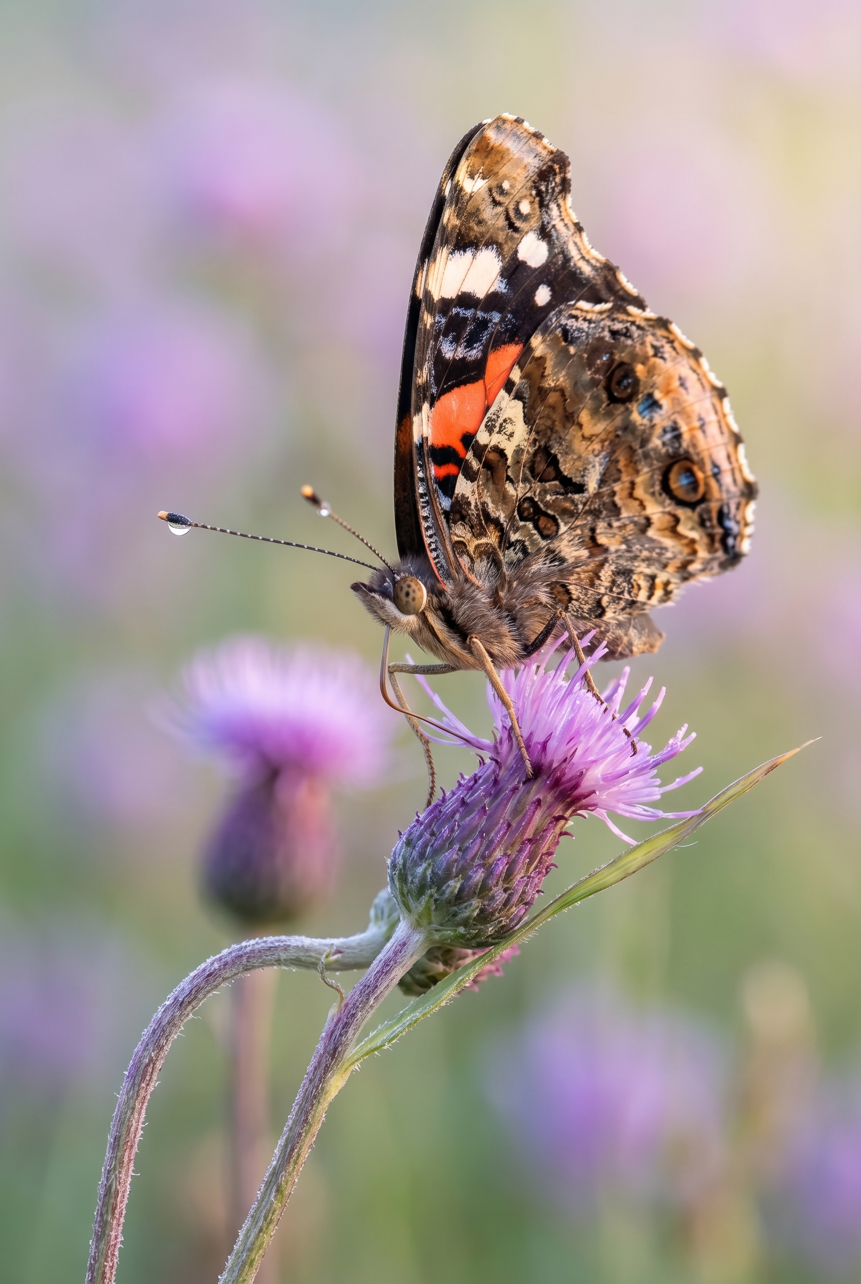 Exemple de macrophotographie définition : gros plan d'un papillon Vulcain sur un chardon avec détails de l'œil composé et rosée.
