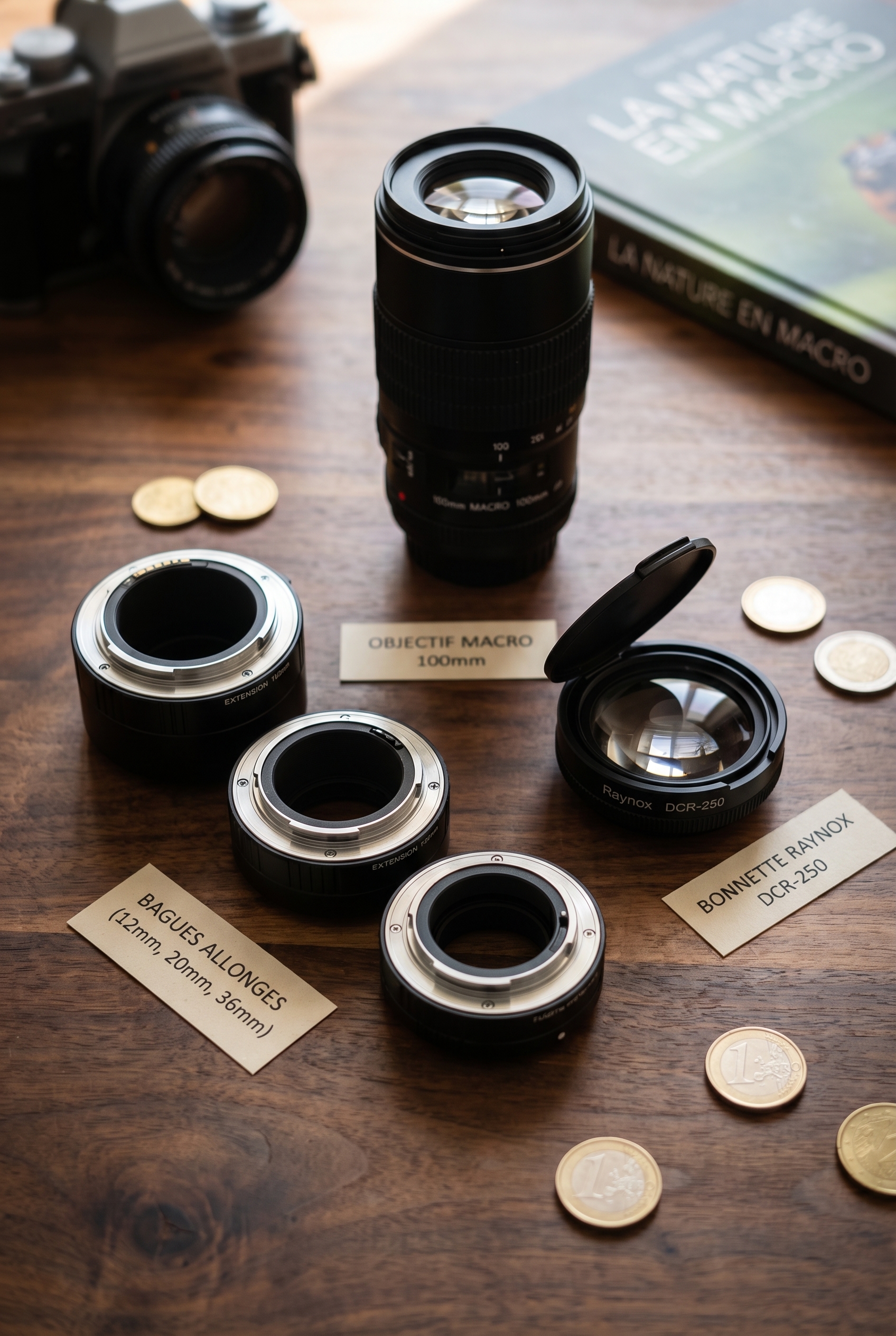 Accessoires de macrophotographie : bagues allonges, bonnette Raynox DCR-250 et objectif 100mm macro sur une table en bois.
