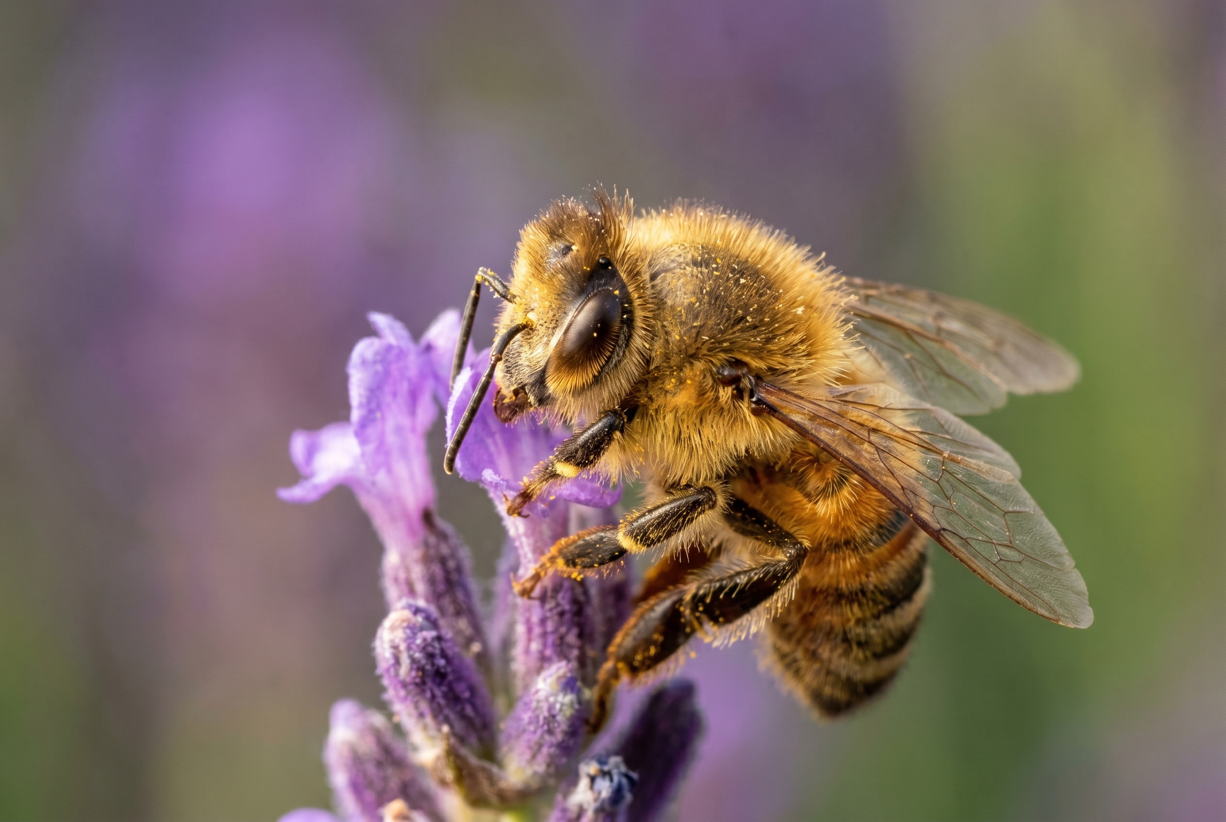Gros plan extrême d'une abeille sur de la lavande avec une mise au point nette sur l'œil, illustrant le rendu d'une bonnette macro.