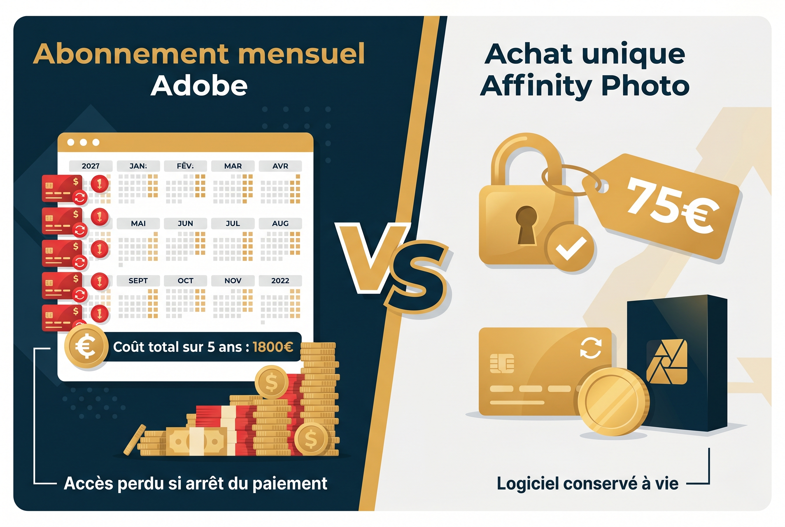 Infographie comparative entre l'abonnement mensuel Adobe Photoshop et l'achat unique Affinity Photo, illustrant une alternative à Photoshop économique sur 5 ans.