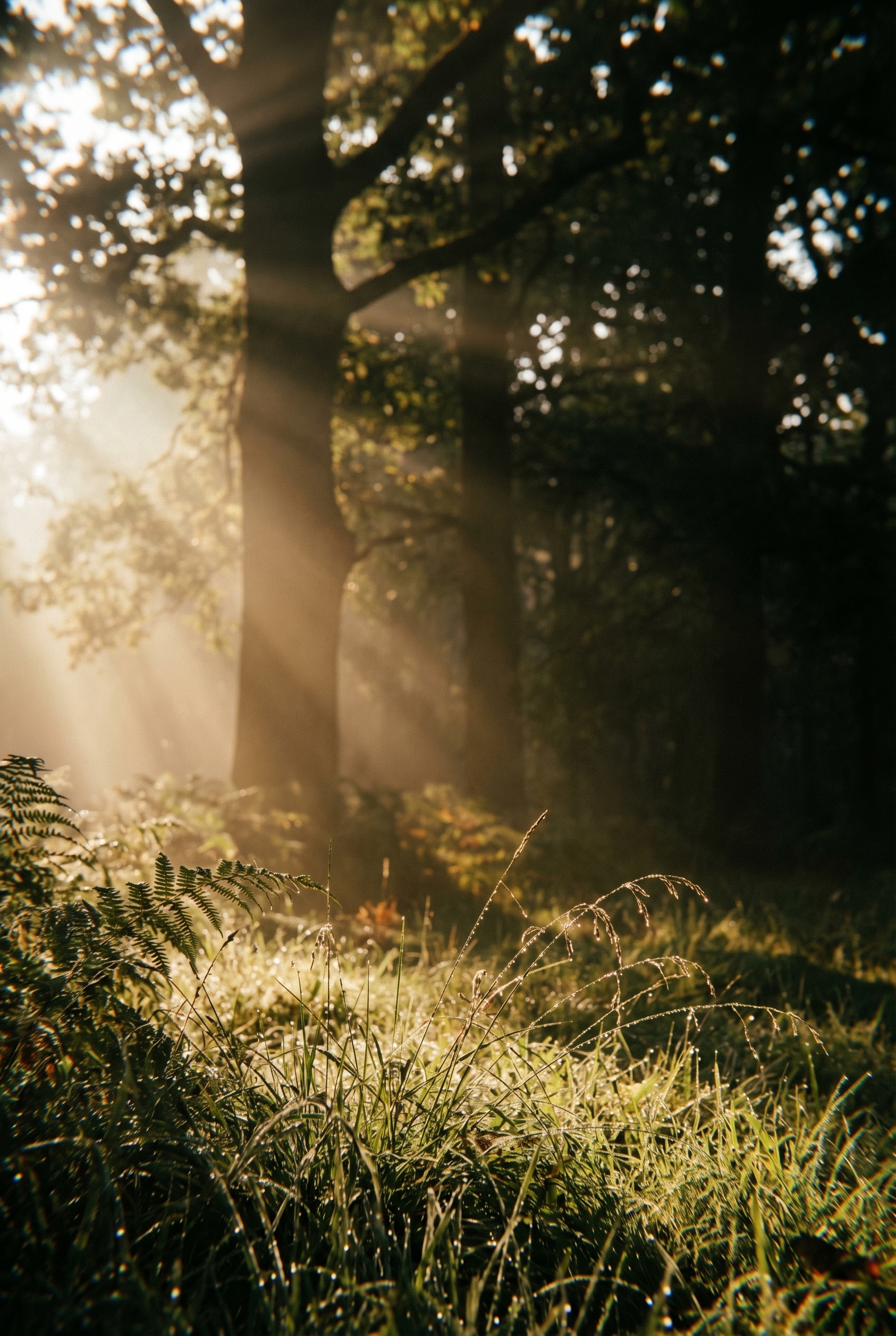 Forêt brumeuse à l'aube avec lumière dorée à travers les chênes, idéale pour apprendre à repérer le biotope en photo animalière débutant.