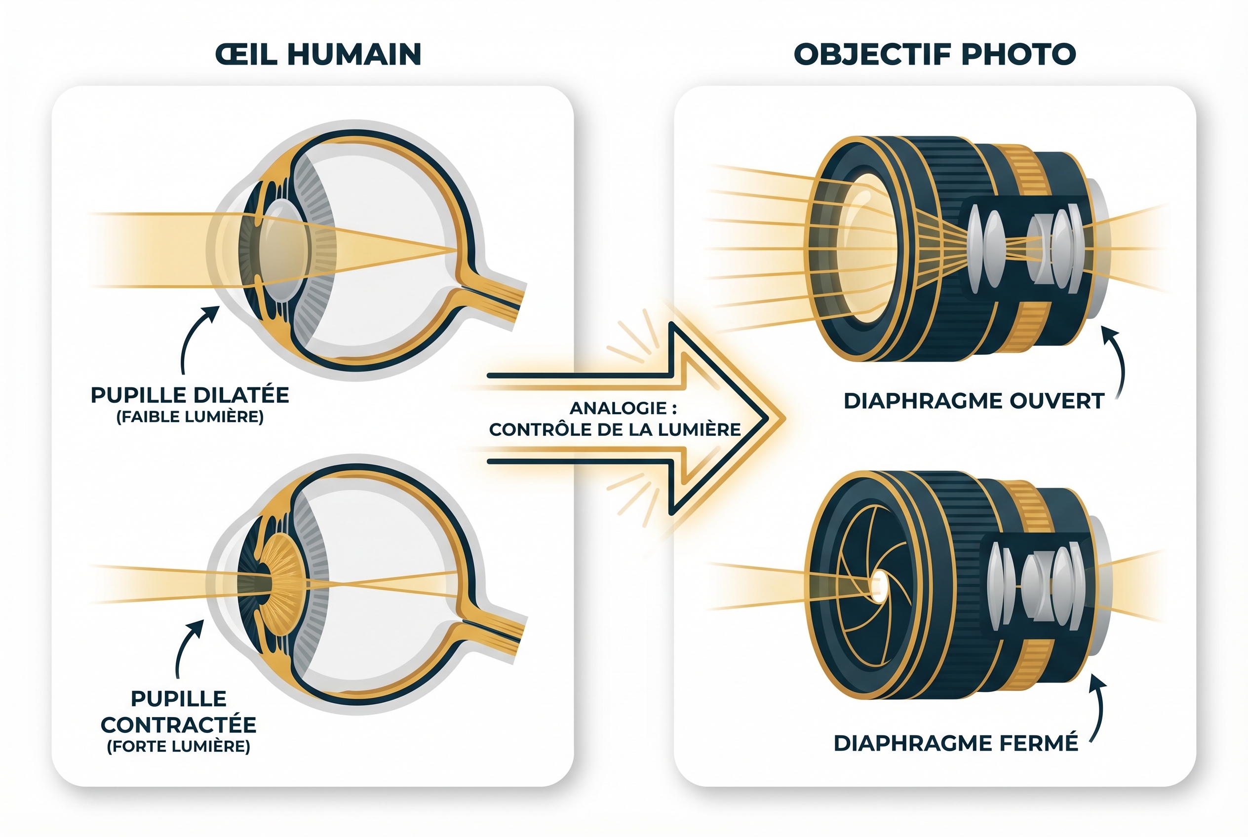 Ouverture du diaphragme : comprendre son fonctionnement 13 Illustration pédagogique comparant l'iris de l'œil humain et l'ouverture du diaphragme d'un objectif photo pour expliquer la gestion de la lumière.