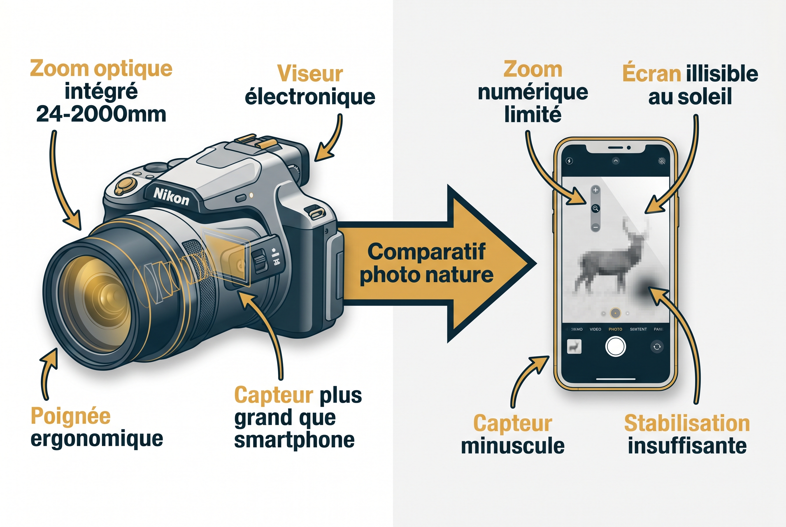 Infographie comparative : appareil photo ou smartphone pour la photo de nature, montrant les avantages du zoom optique et du capteur.