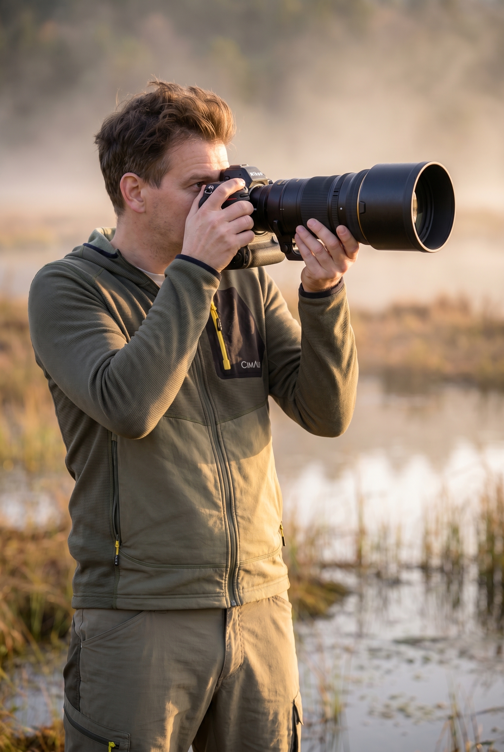 Photographe naturaliste utilisant un appareil photo hybride avec téléobjectif au bord d'un étang, illustrant le duel appareil photo ou smartphone.