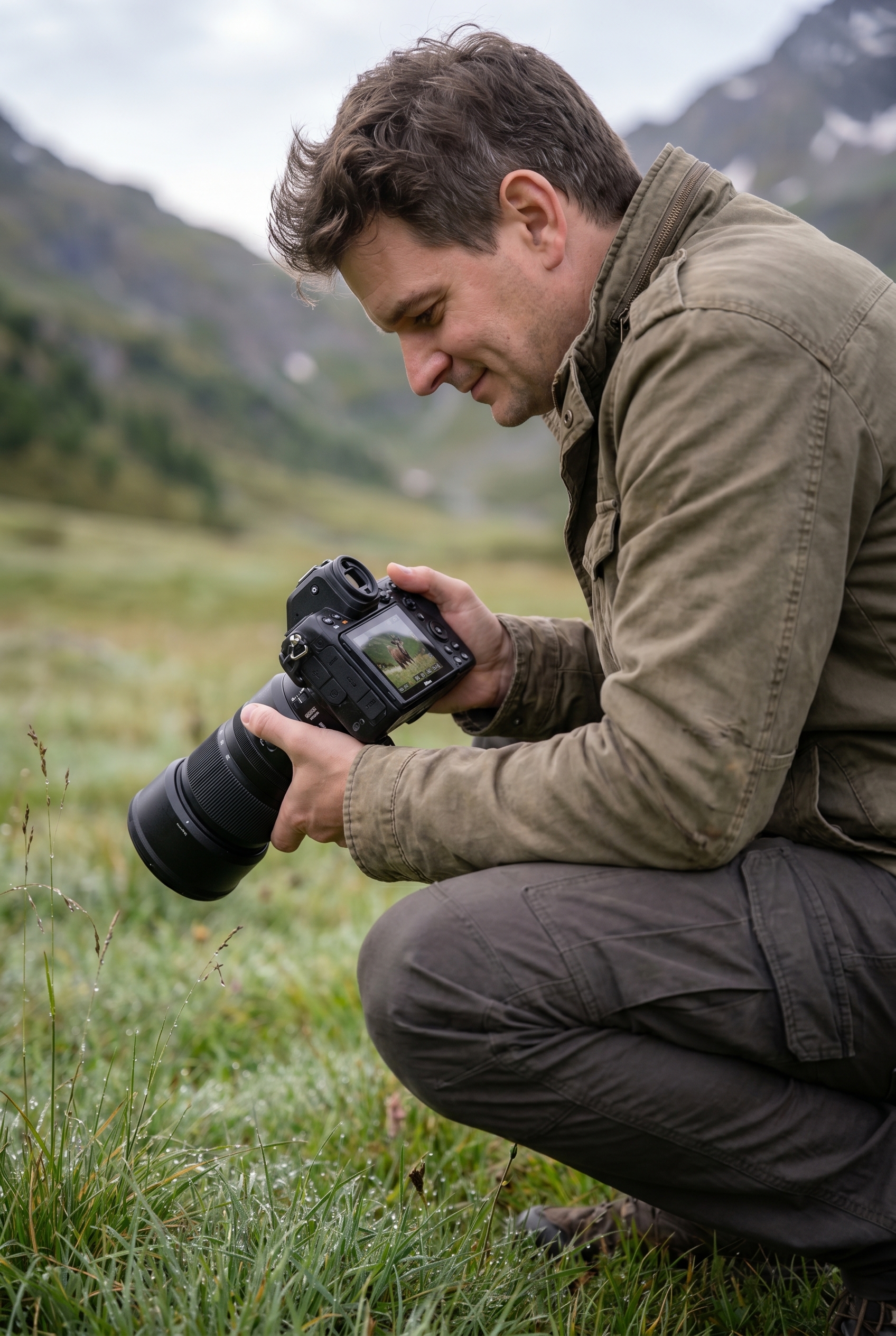Photographe naturaliste avec un appareil photo hybride et zoom 100-400mm en montagne, illustrant la supériorité technique sur un smartphone.