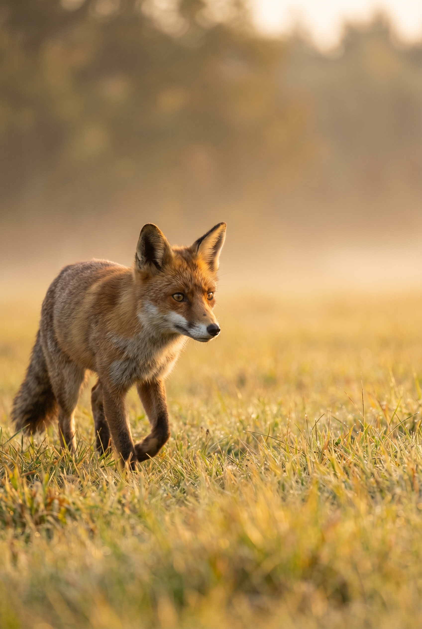 Photographie d'un renard roux dans une prairie brumeuse illustrant l'application de la règle des tiers en composition.