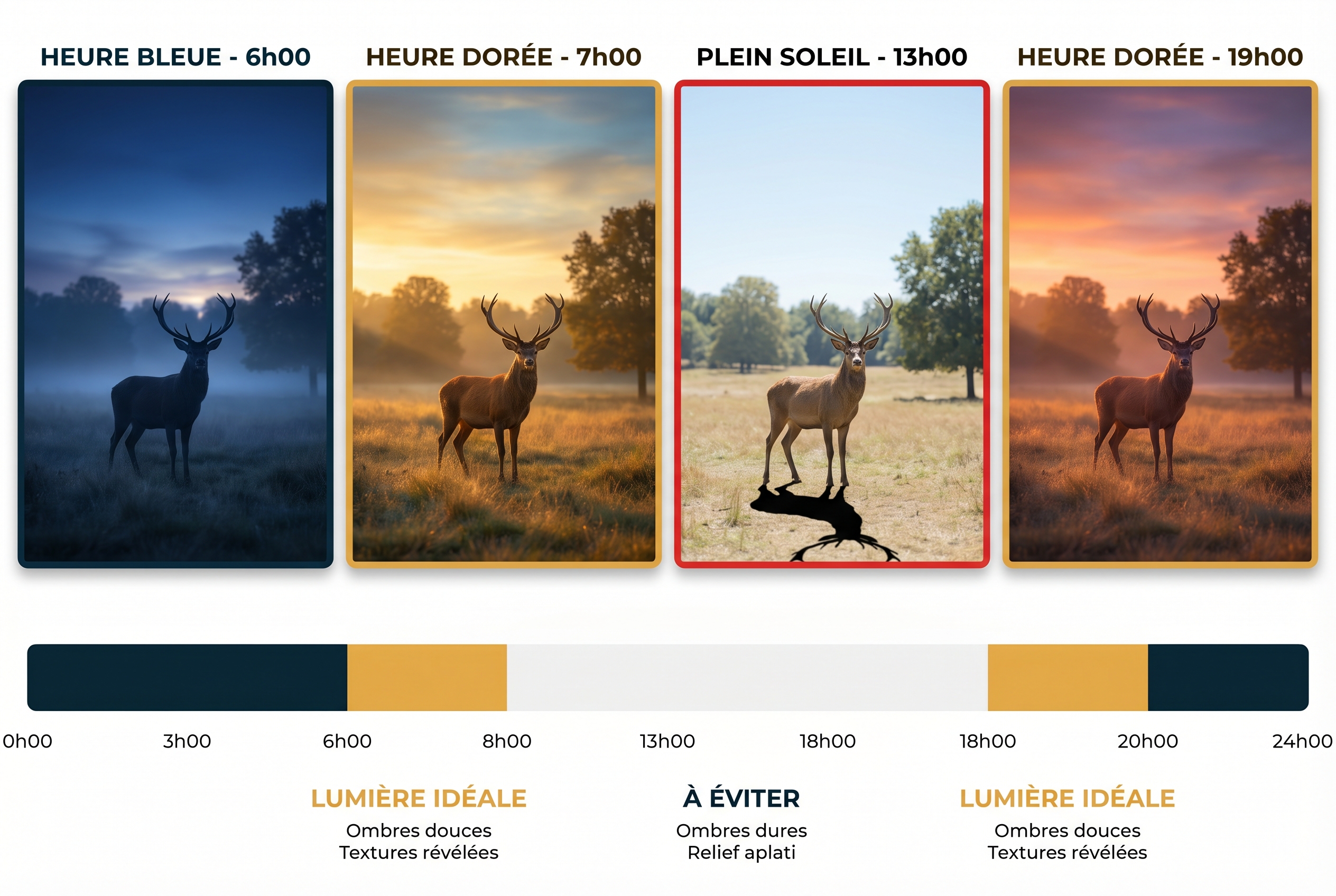 Infographie pédagogique pour apprendre la photo montrant l'influence de l'heure de la journée (heure bleue, dorée et plein soleil) sur un cerf en forêt.