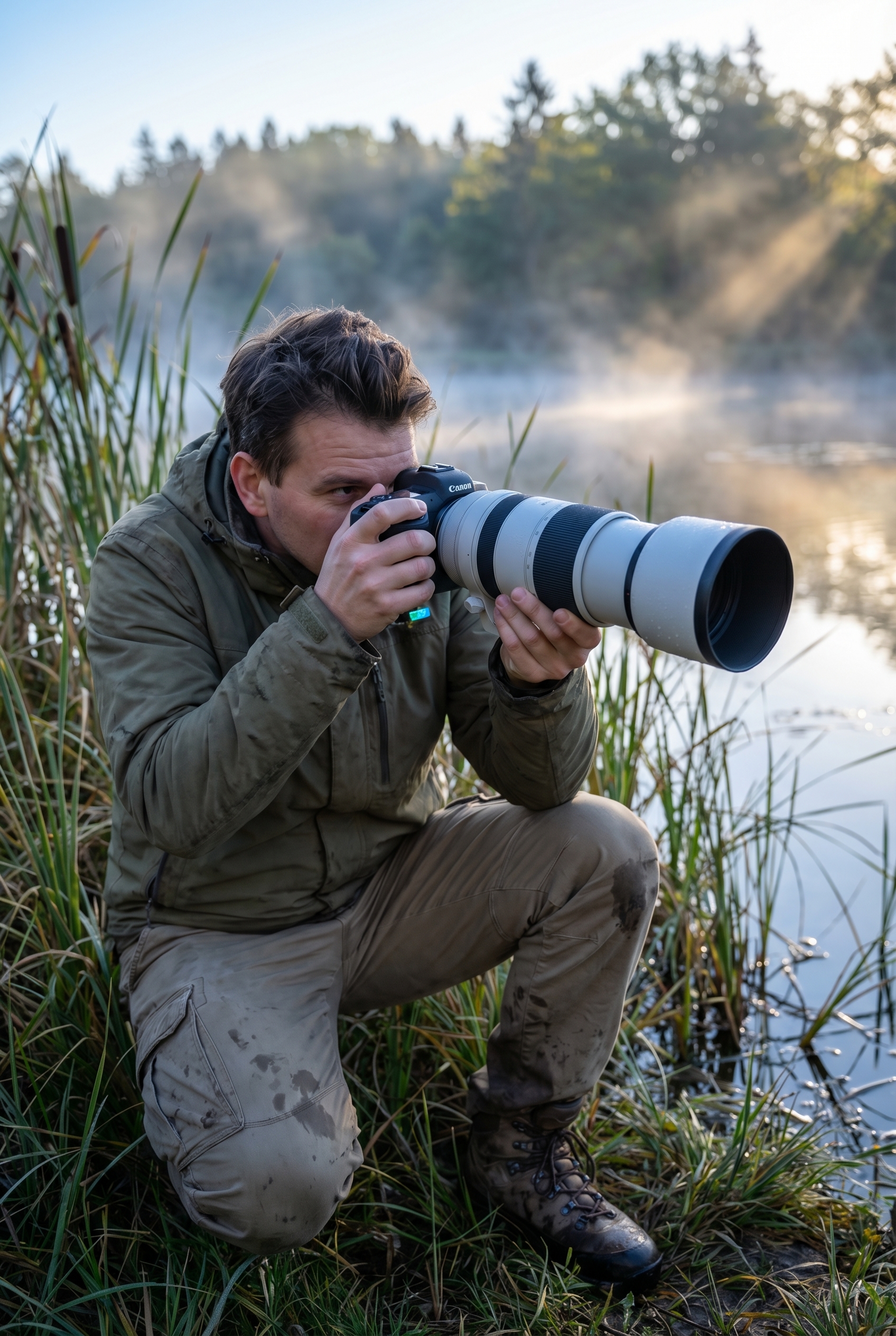 Photographe naturaliste accroupi au bord d'un étang brumeux avec un téléobjectif pour apprendre la photo de nature en mode manuel.