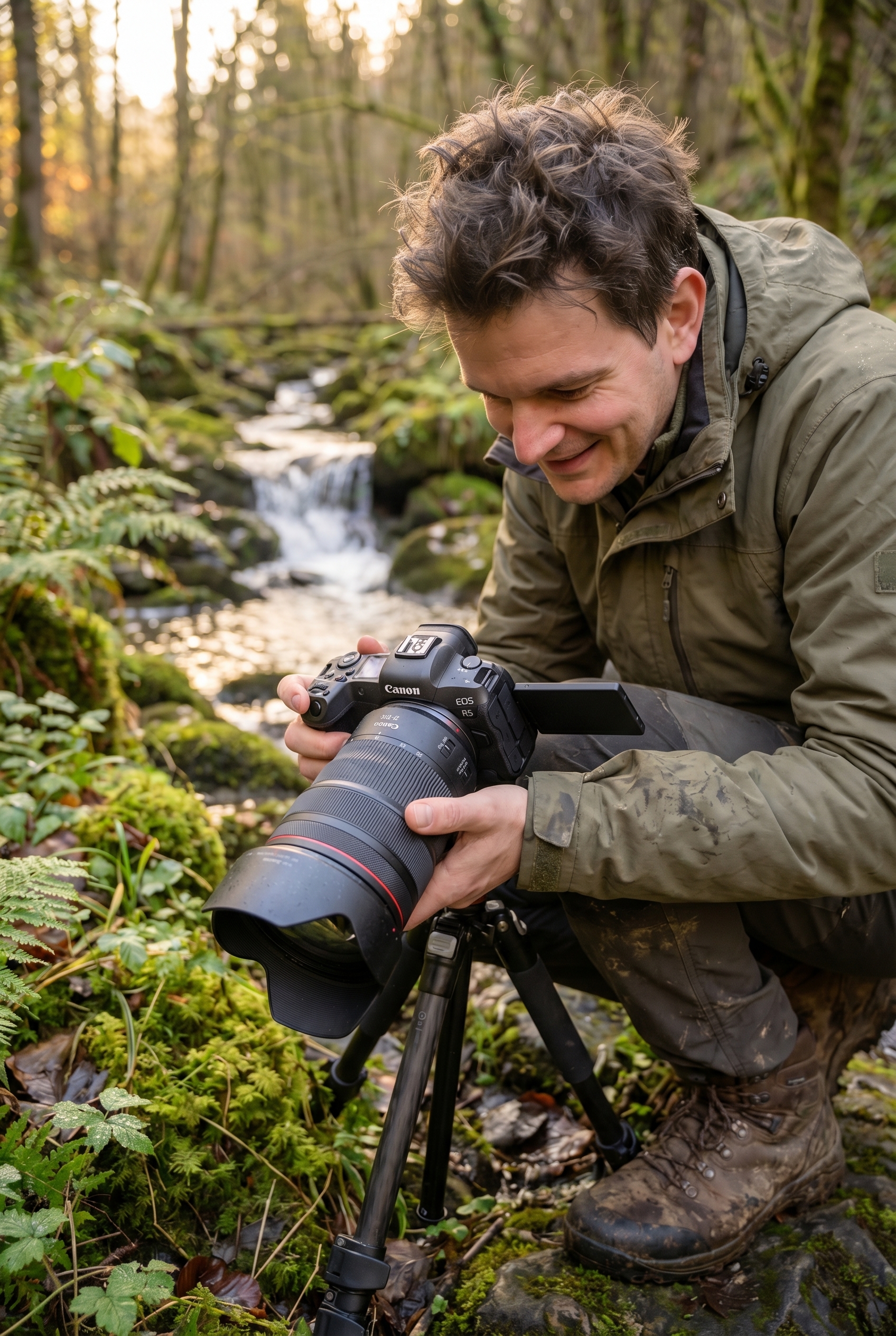 Photographe animalier accroupi en forêt analysant ses réglages sur son écran LCD pour apprendre la photo et quitter le mode automatique.