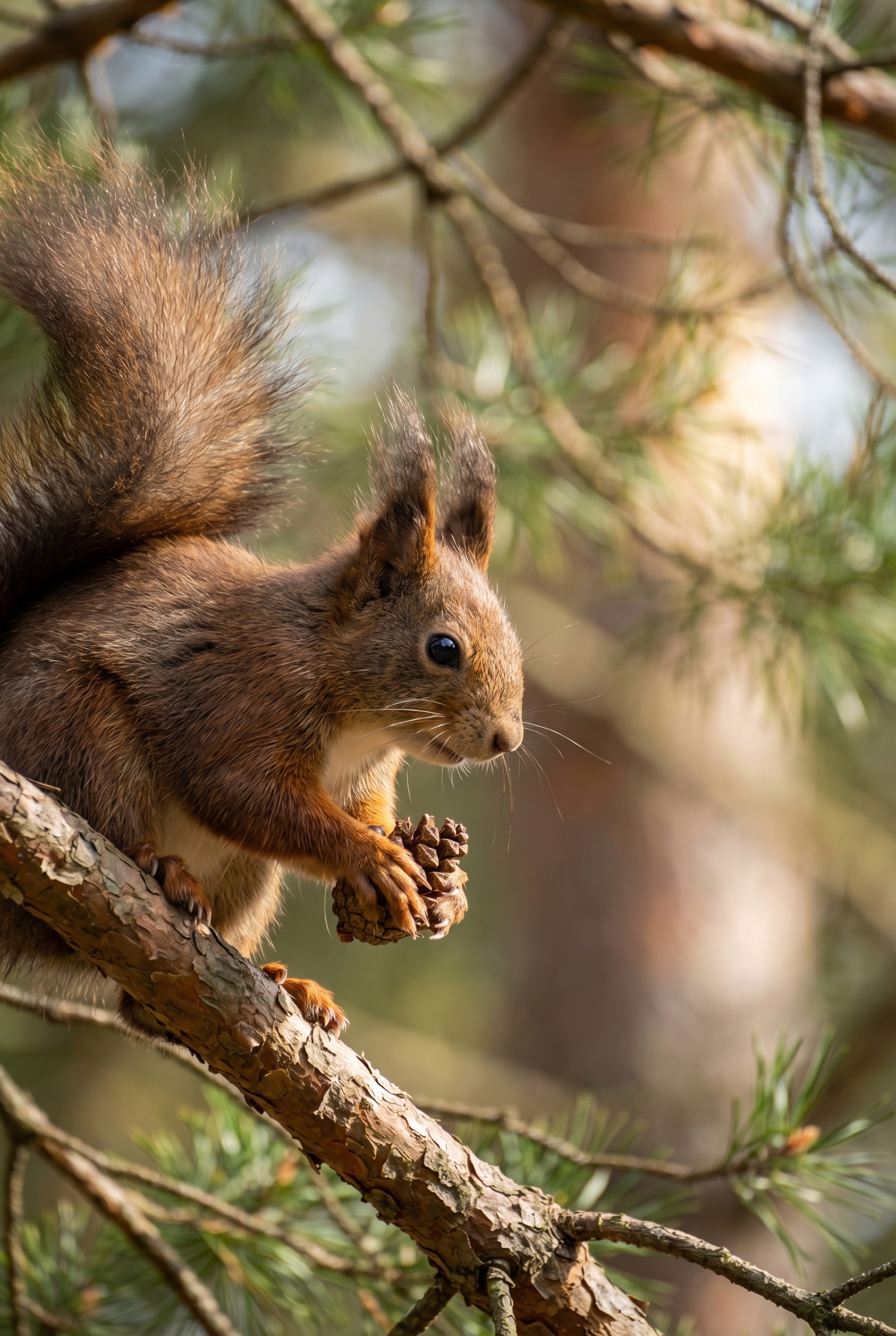 Photographie animalière d'un écureuil roux sur une branche de pin illustrant la règle des tiers et le flou d'arrière-plan pour apprendre la photo.