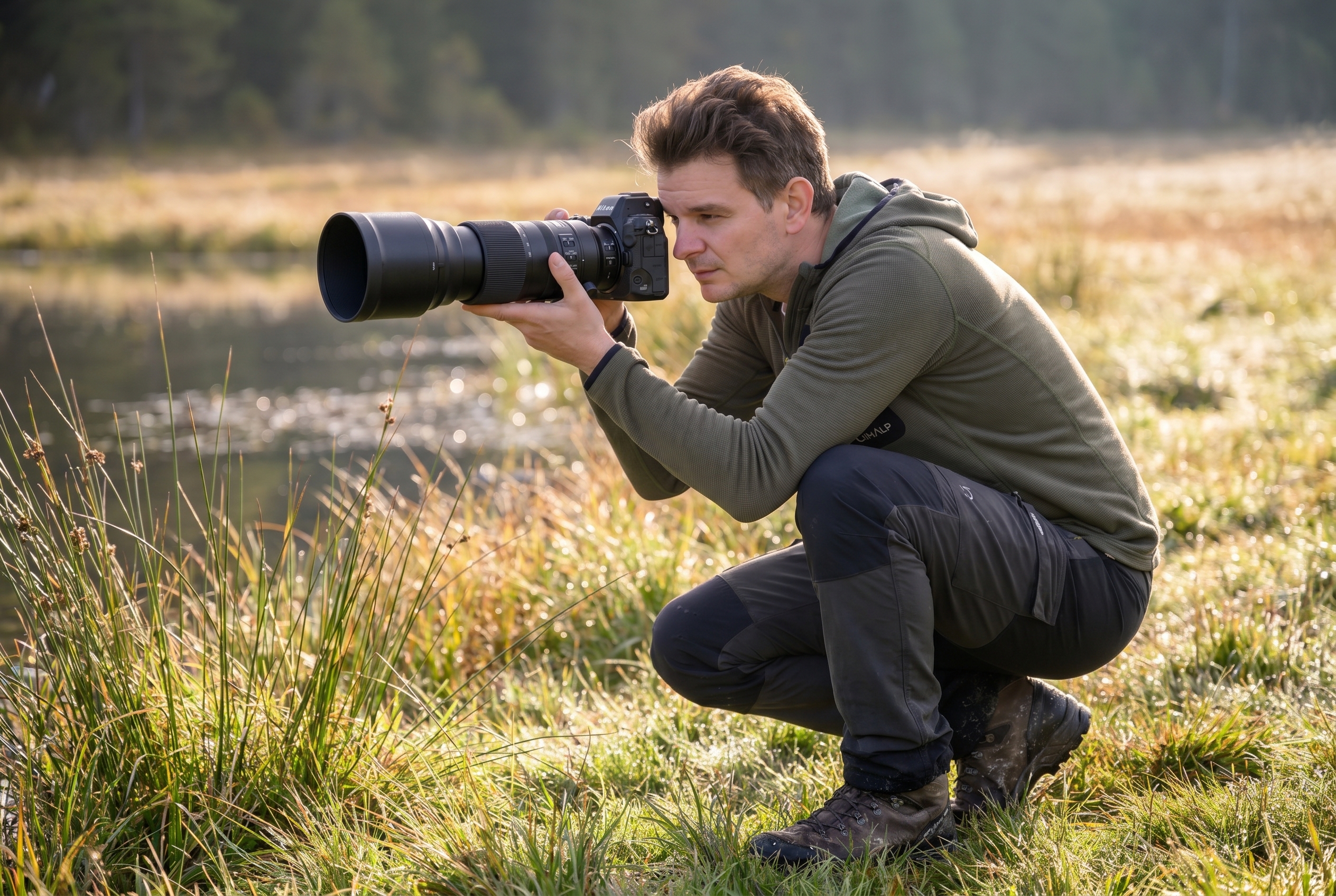Photographe naturaliste accroupi avec un téléobjectif au bord d'une mare au lever du soleil pour photographier les libellules sans les effrayer.